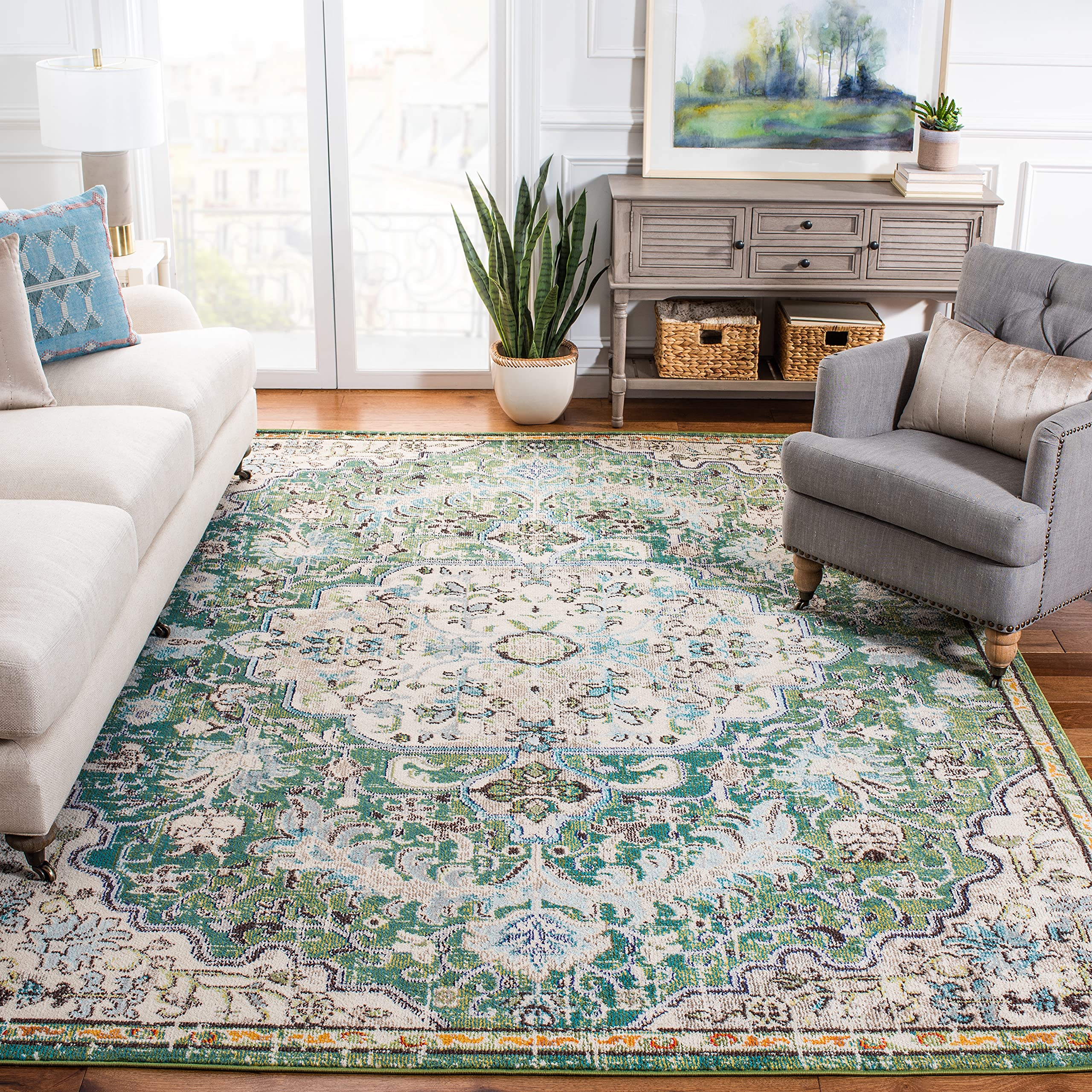 SAFAVIEH Madison Collection 67 Square Green / Turquoise MAD447Y Boho Chic Medallion Distressed Non-Shedding Living Room Bedroom