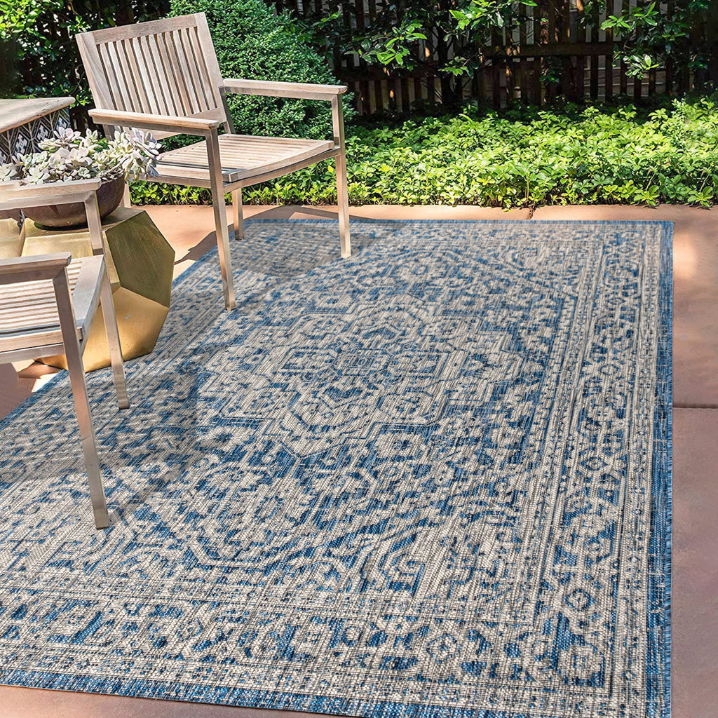 Jonathan Y Smb101B-4 Sinjuri Medallion Textured Weave Indoor/Outdoor Navy/Gray 4 Ft. X 6 Ft. Area-Rug, Coastal,Easy-Cleaning,Forhightraffic,Kitchen,Livingroom,Backyard, Non Shedding