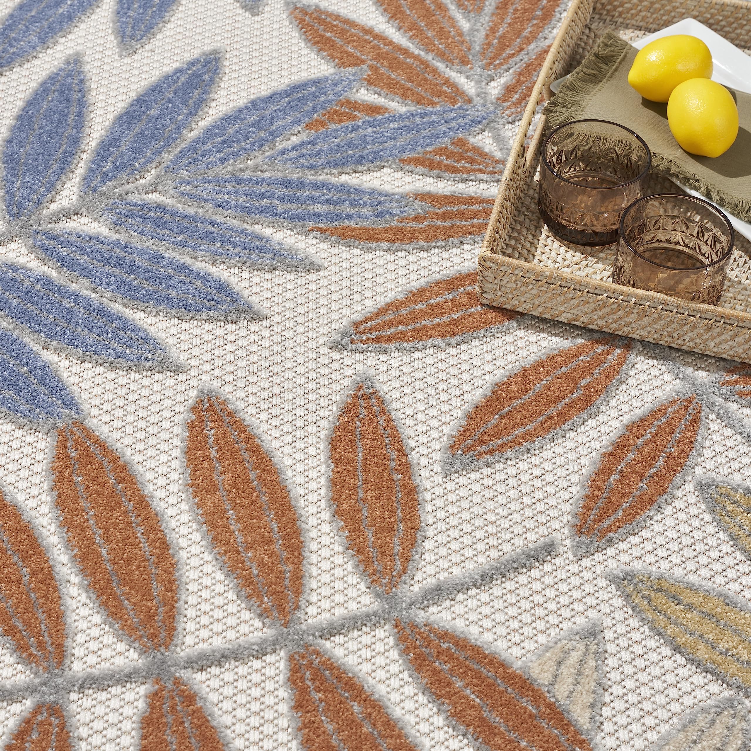 Nourison Aloha Indoor/Outdoor Blue Mocha 7’10” X Round Area Rug, Easy Cleaning, Non Shedding, Bed Room, Living Room, Dining Room, Backyard, Deck, Patio (8 Round)