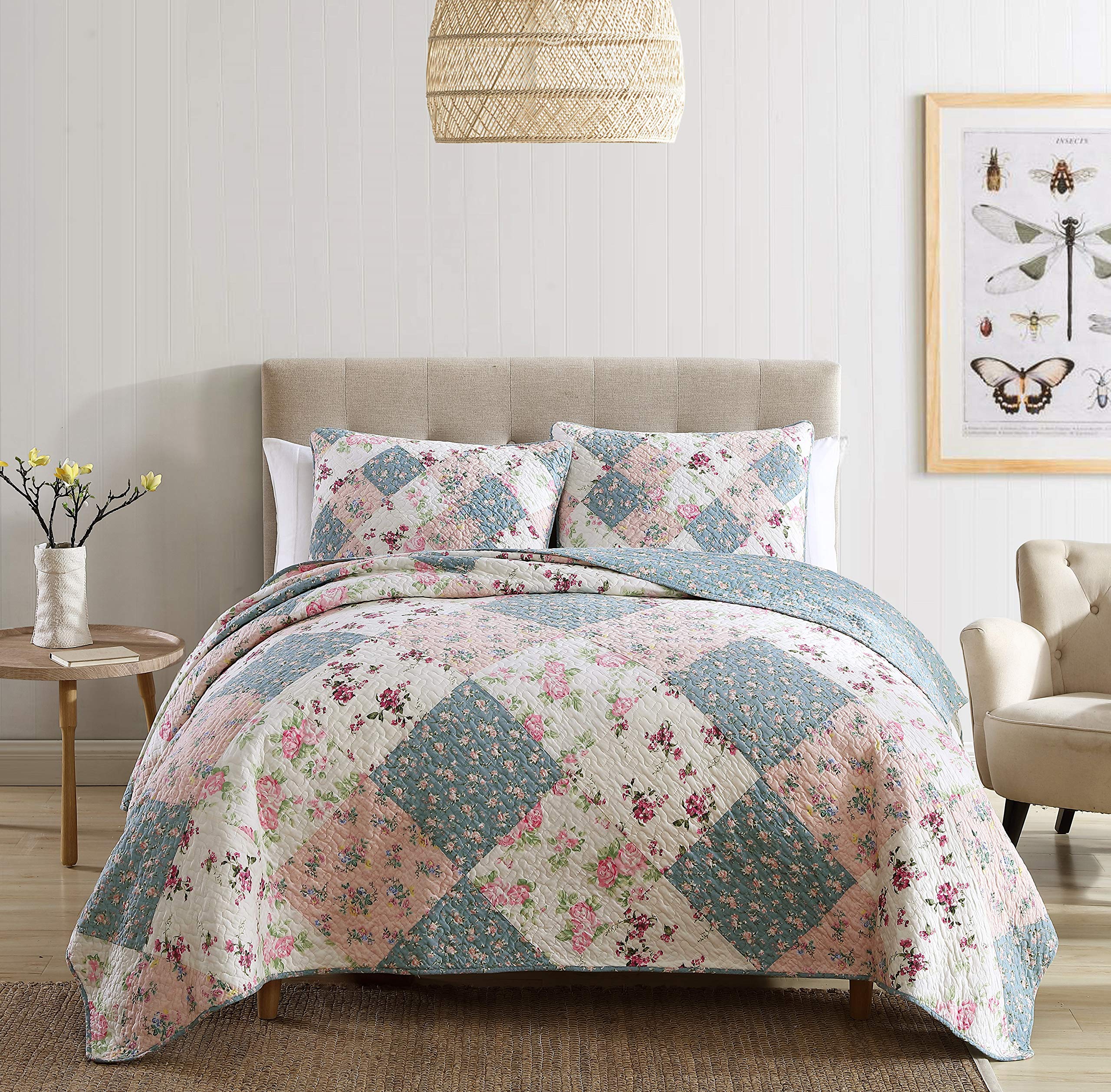 Chemzoi Collection Jolie 3-Piece Garden Floral Vintage Washed 100%-Cotton Reversible Diamond Patchwork Quilt Set, Queen