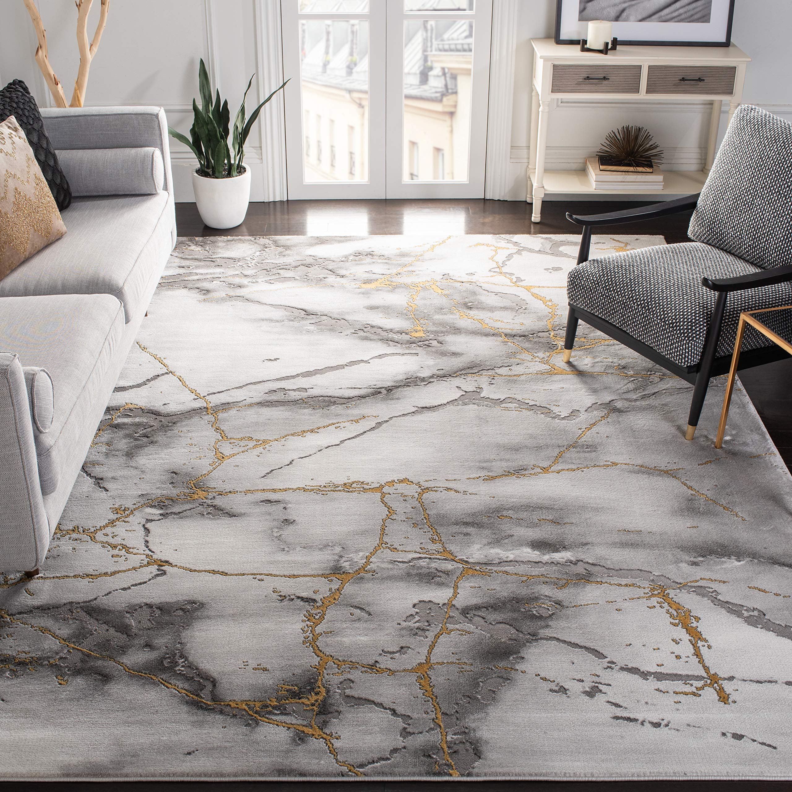 SAFAVIEH Craft Collection Area Rug - 8 Square, Grey & Gold, Modern Abstract Design, Non-Shedding & Easy Care, Ideal for High Tr