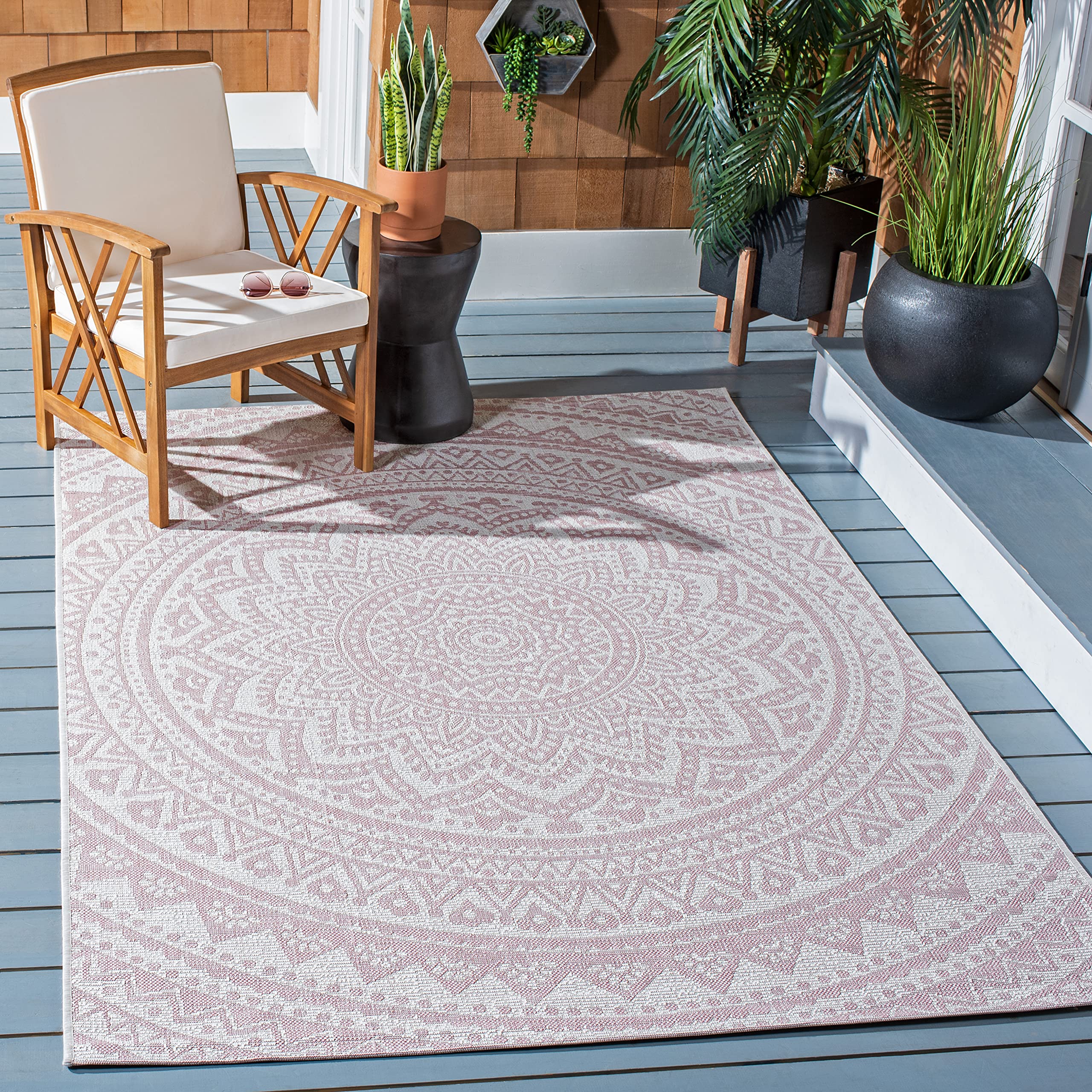 Safavieh Courtyard Collection Area Rug - 9' X 12', Ivory & Soft Pink, Non-Shedding & Easy Care, Indoor/Outdoor & Washable-Ideal