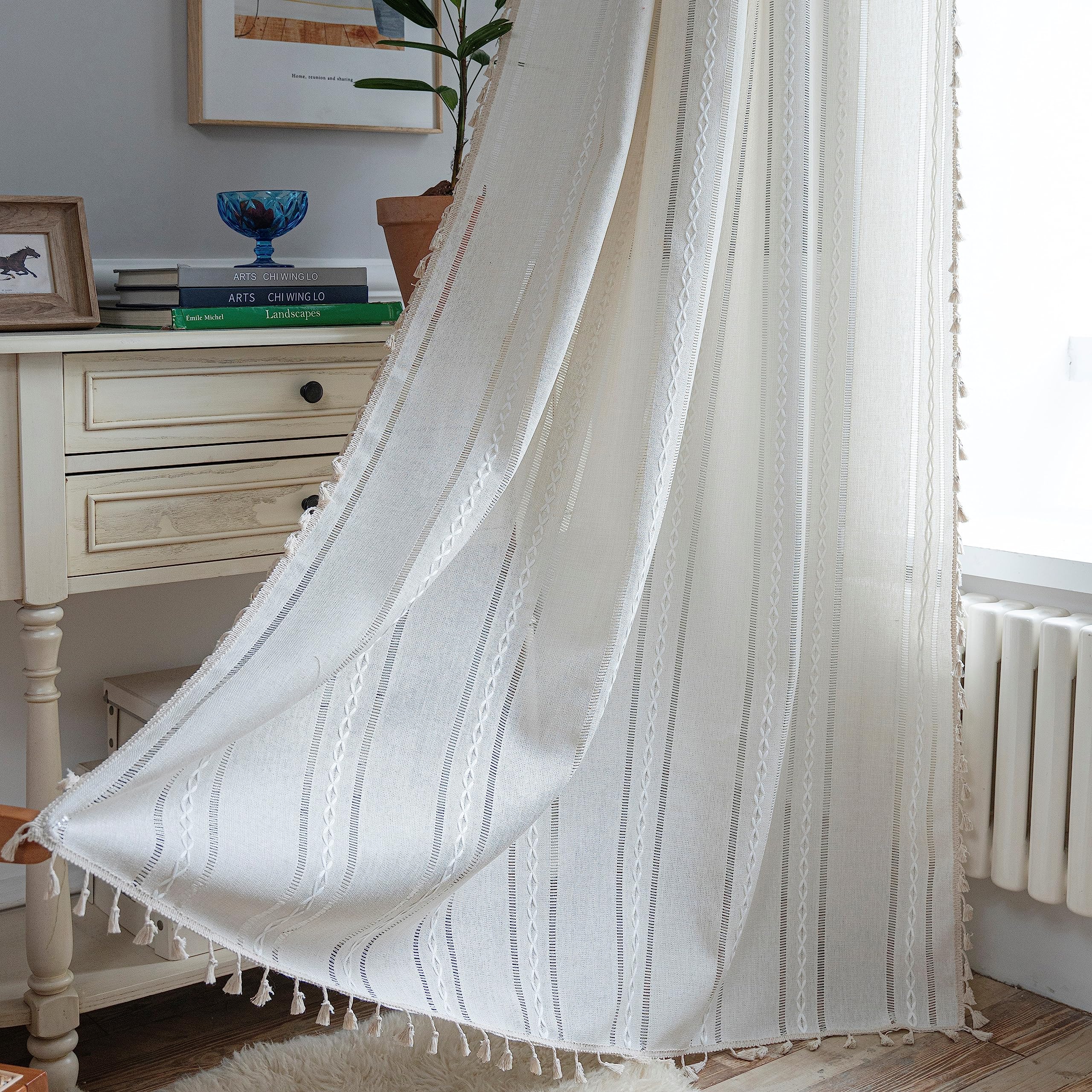 Sutuo Home Boho Curtains For Bedroom Living Room 84 Inches Long, Semi-Blackout Rustic Country Linen Embroidery Vintage Chic Tass