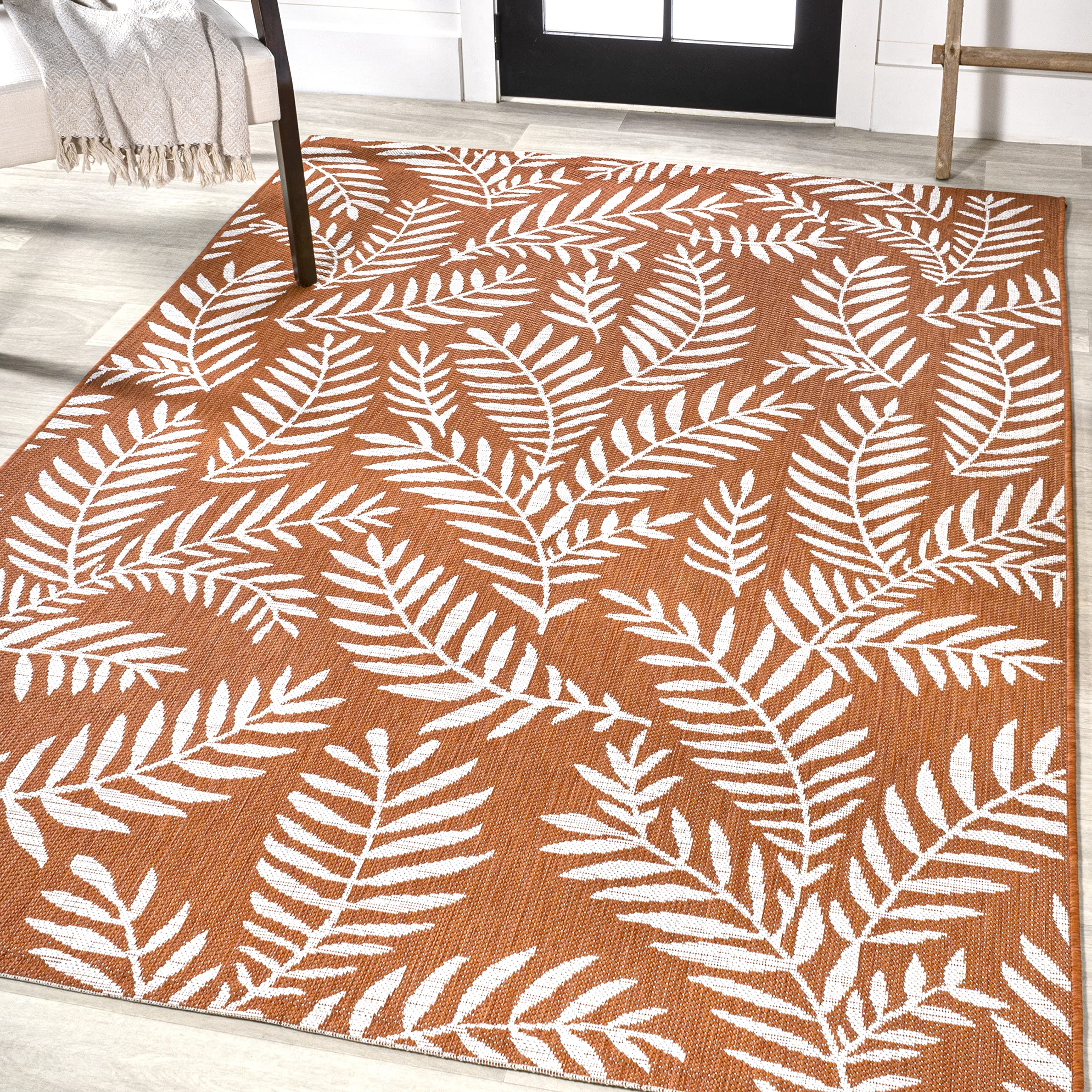 Jonathan Y Smb119E-5 Nevis Palm Frond Indoor Outdoor Area-Rug, Coastal Casual Country & Floral Easy-Cleaning,Bedroom,Kitchen,Backyard,Patio,Non Shedding, 5 X 8, Orange/Cream