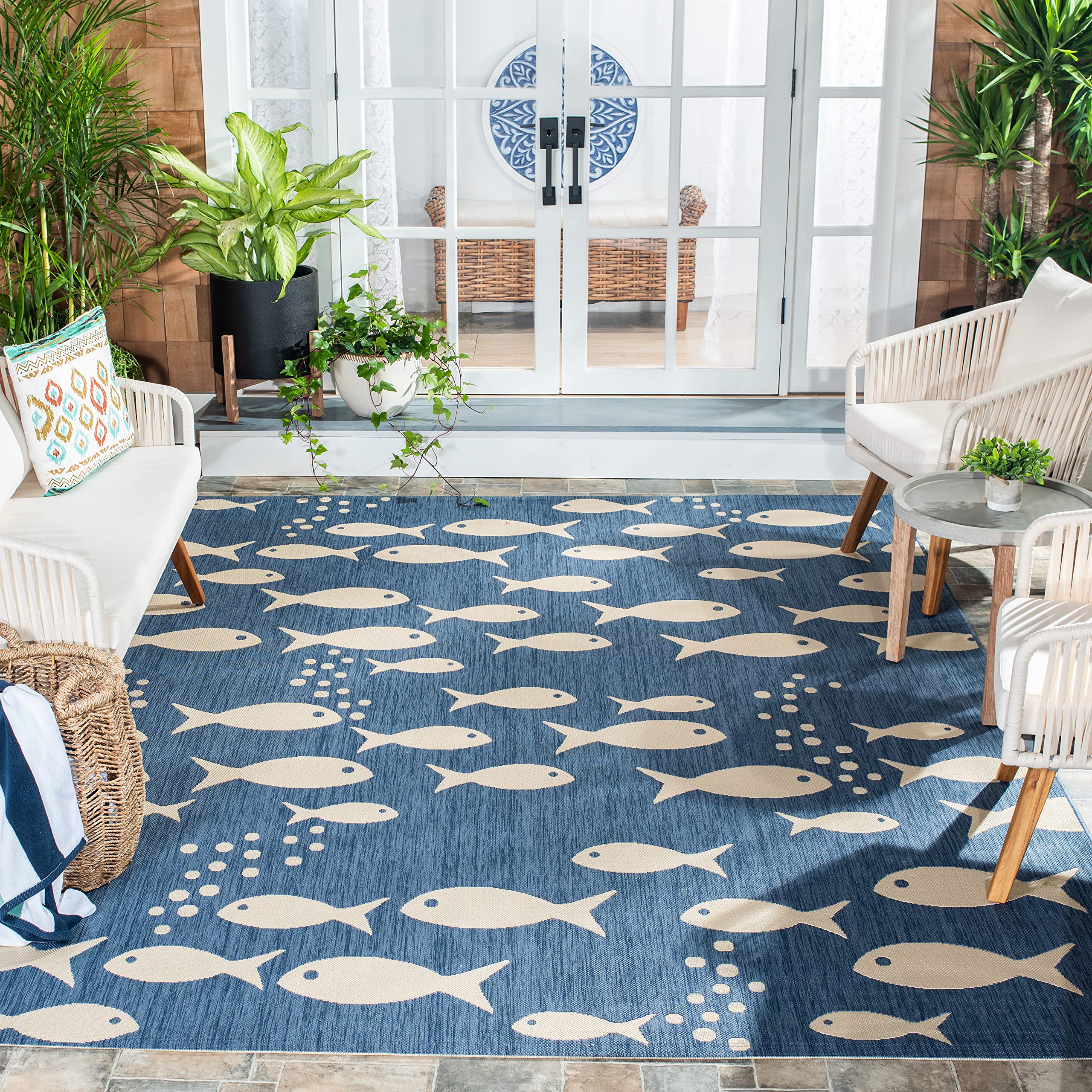 Safavieh Courtyard Collection 7'1' Square Blue/Beige Cy6012 Indoor/ Outdoor Waterproof Easy Cleaning Patio Backyard Mudroom Are