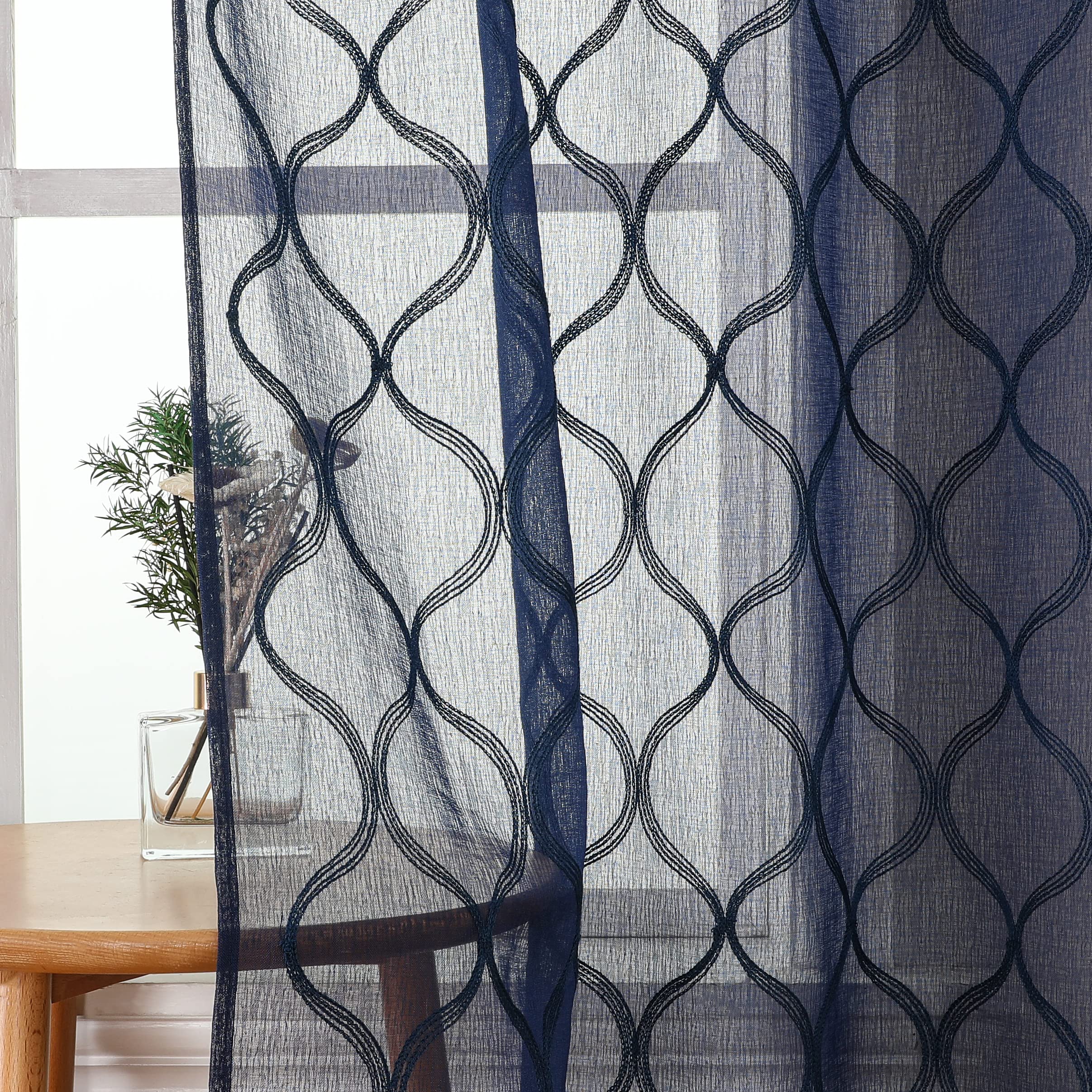 Bujasso Navy Blue Sheer Curtains 63 Inch 2 Panels Embroidered Geometric Light Filtering Window Curtains For Living Room Bedroom