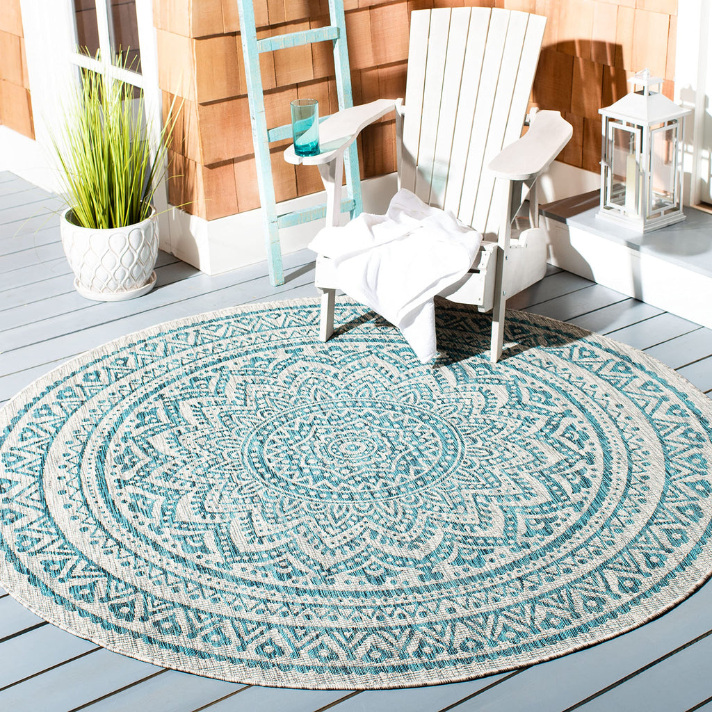 Safavieh Courtyard Collection 4' Round Grey / Teal Cy8734 Indoor/ Outdoor Patio Backyard Mudroom Area Rug