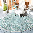 Safavieh Courtyard Collection 4' Round Grey / Teal Cy8734 Indoor/ Outdoor Patio Backyard Mudroom Area Rug