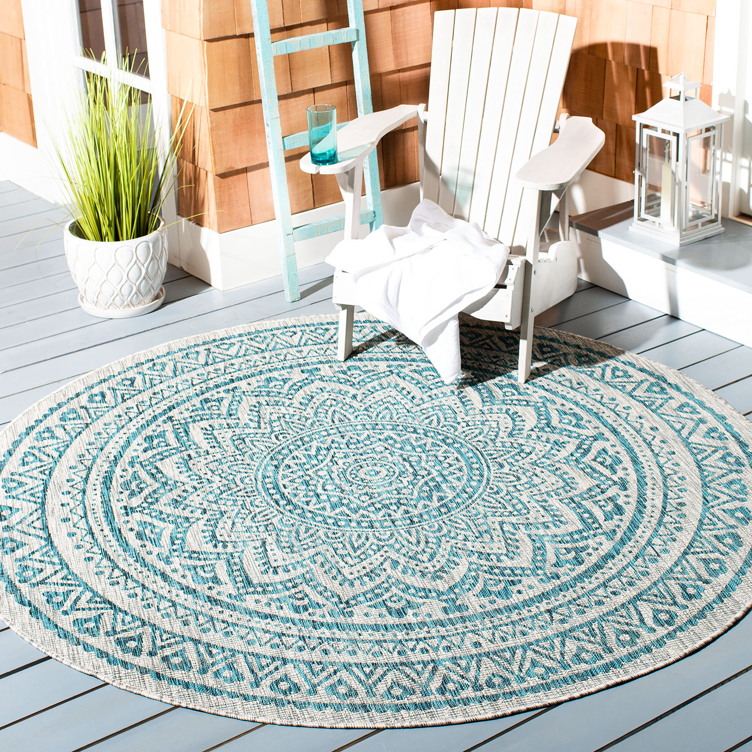 Safavieh Courtyard Collection 4' Round Grey / Teal Cy8734 Indoor/ Outdoor Patio Backyard Mudroom Area Rug