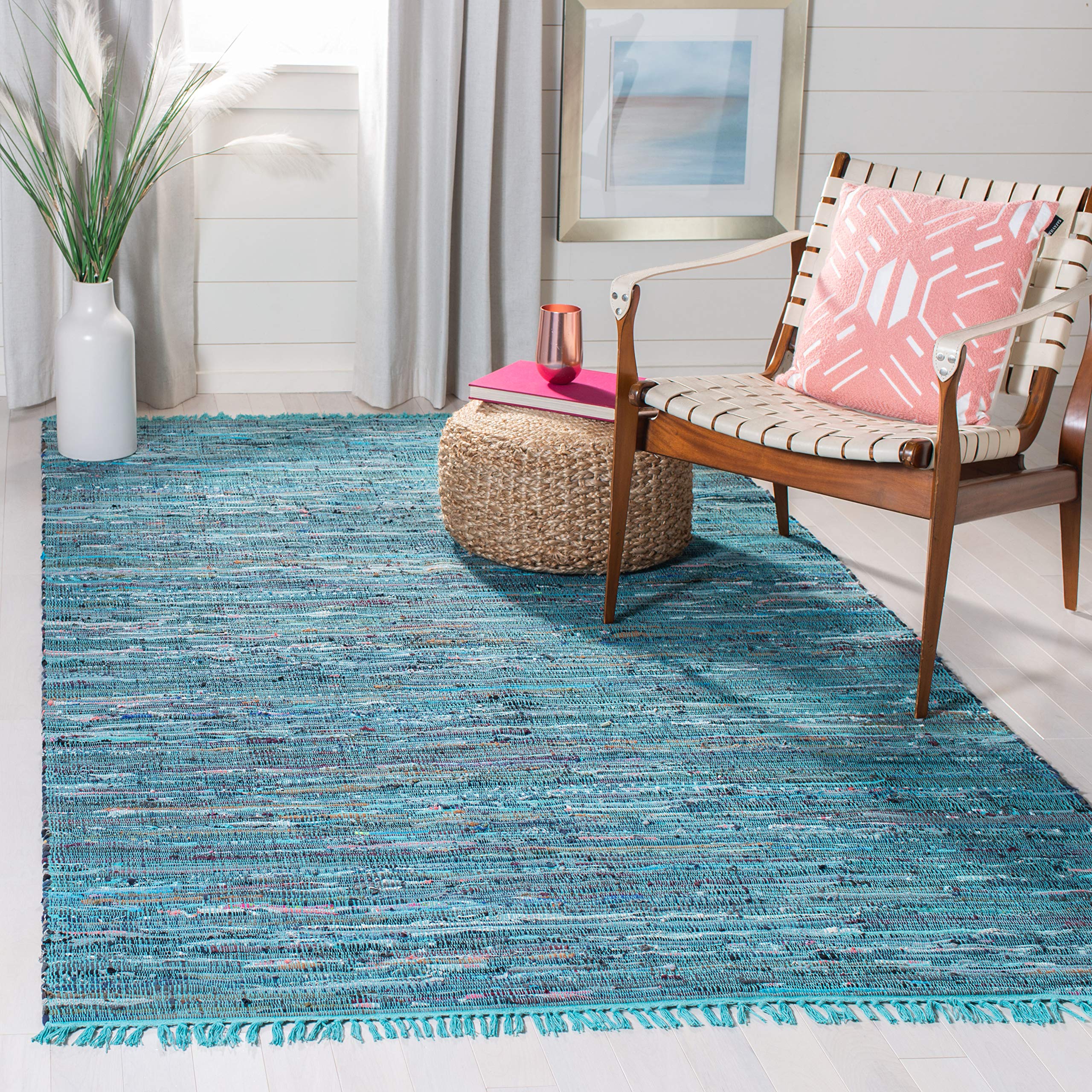 SAFAVIEH Rag Rug Collection 8 Square Blue/Multi RAR121B Handmade Boho Stripe Cotton Area Rug