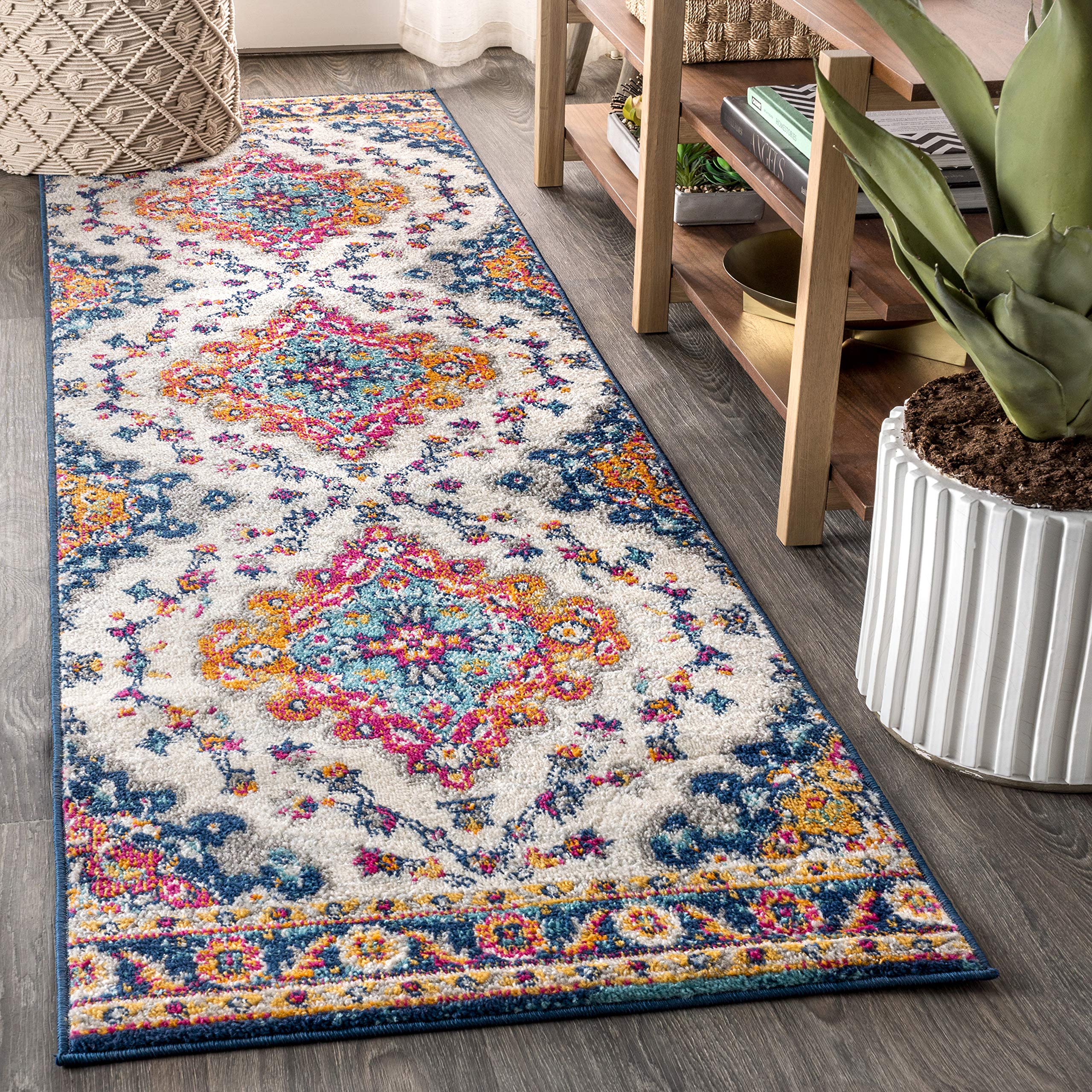 JONATHAN Y BMF106A-28 Bohemian Flair Boho Vintage Medallion Blue/Multi 2 ft. x 8 ft. Runner-Rug, Vintage, Easy-Cleaning, for Bed