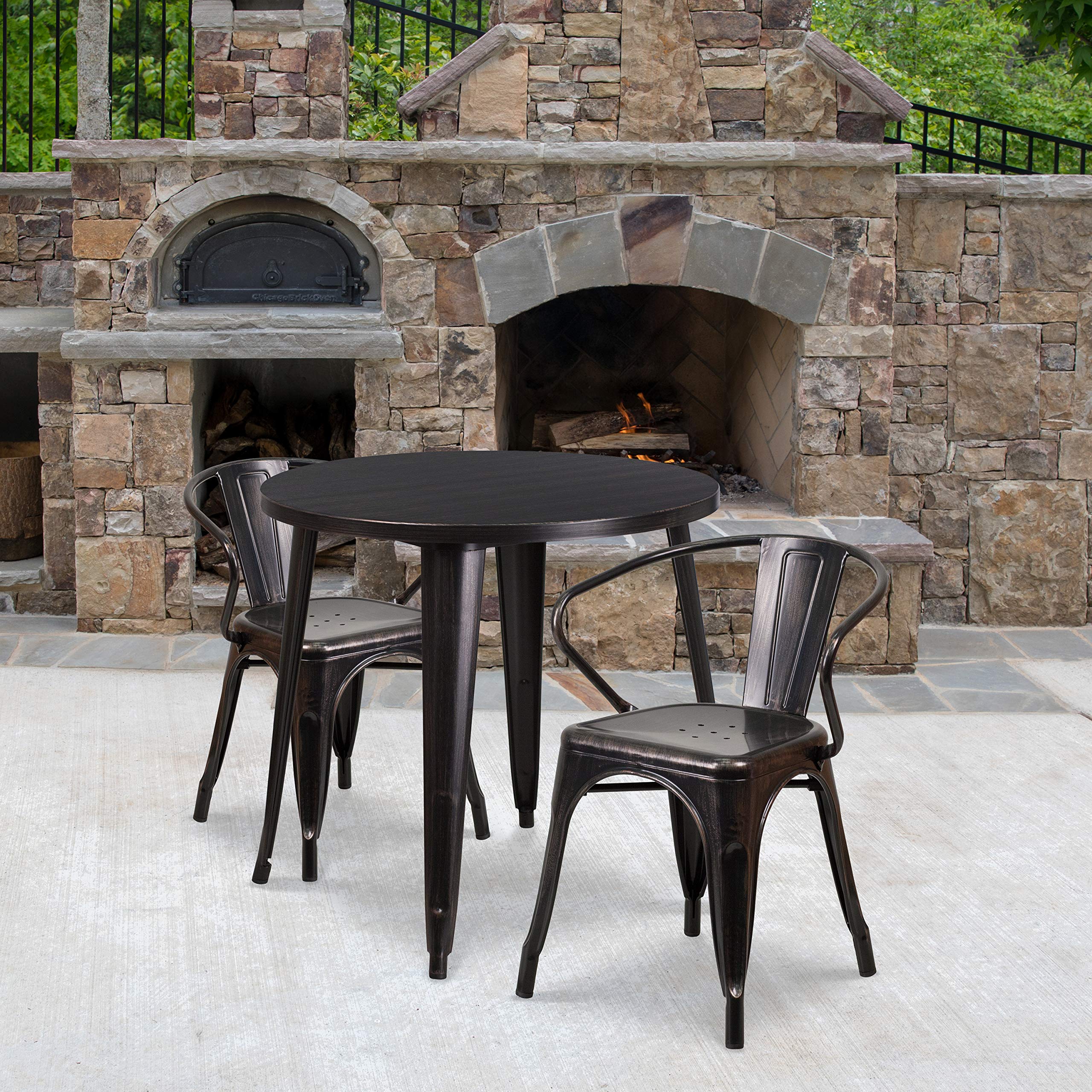 Flash Furniture Conrad Commercial Grade 30 Round Black-Antique Gold Metal Indoor-Outdoor Table Set with 2 Arm Chairs