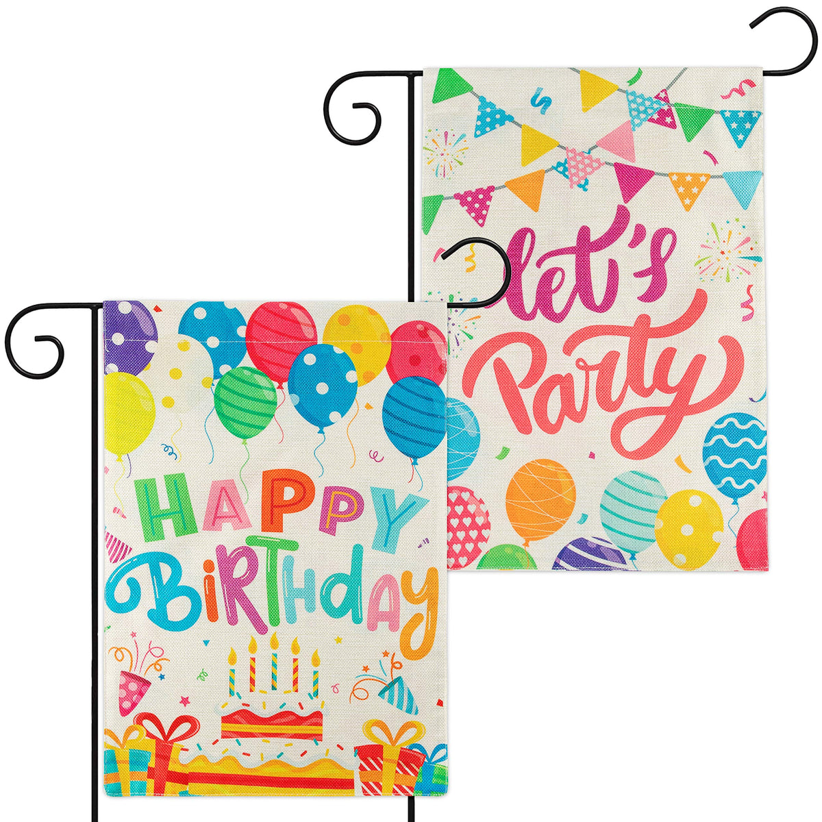 Watinc 2Pcs Happy Birthday Garden Flags Lets Party Burlap Yard Signs Vertical Double Sided Readable Birthday Cake Banner Poster