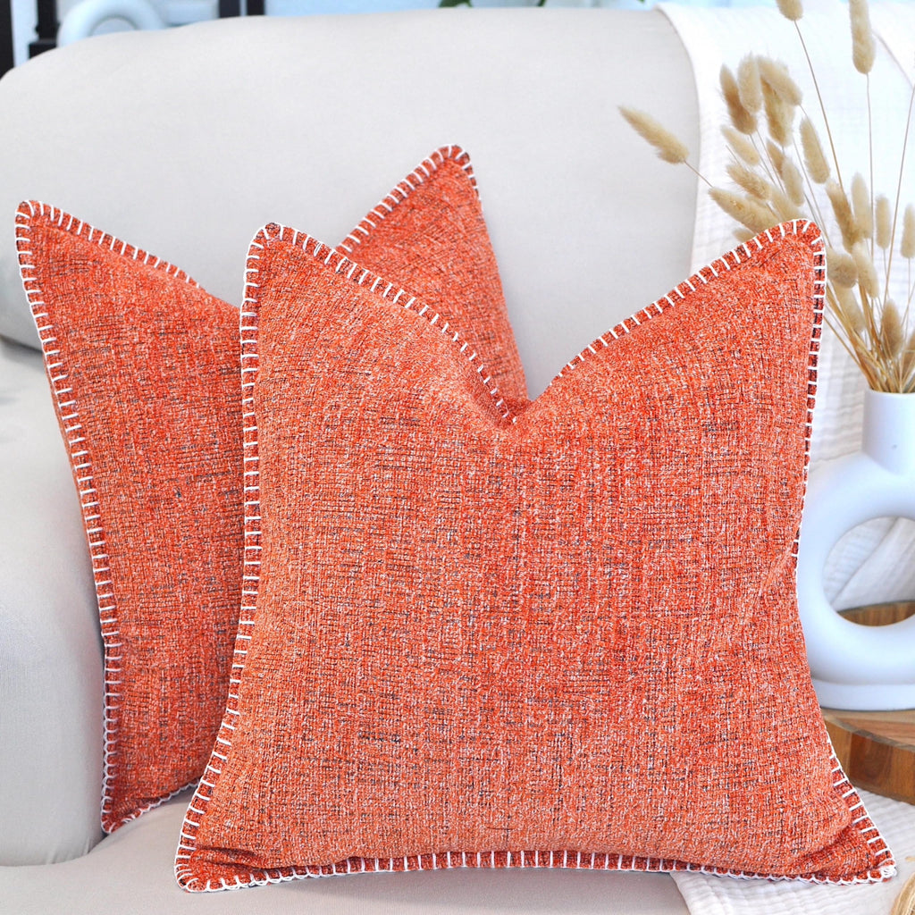 18X18 Inch Orange Throw Pillow Covers Set Of 2 Textured Chenille Fabric | Trimmed Edge Soft Decorative Cushion Covers | Modern F
