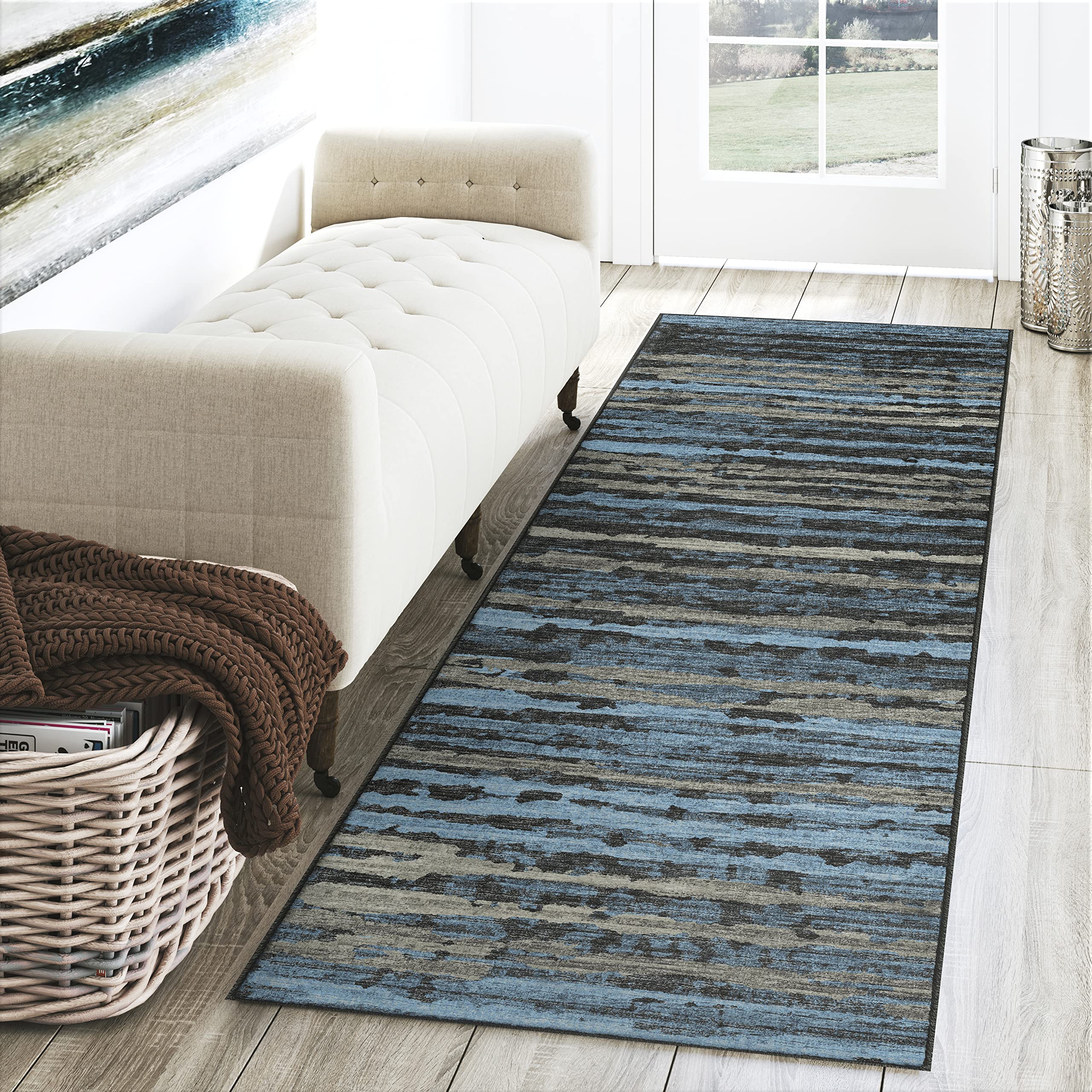 Dalyn Rugs Brisbane Br4 Destressed Striped Teal 2'3" X 7'6"