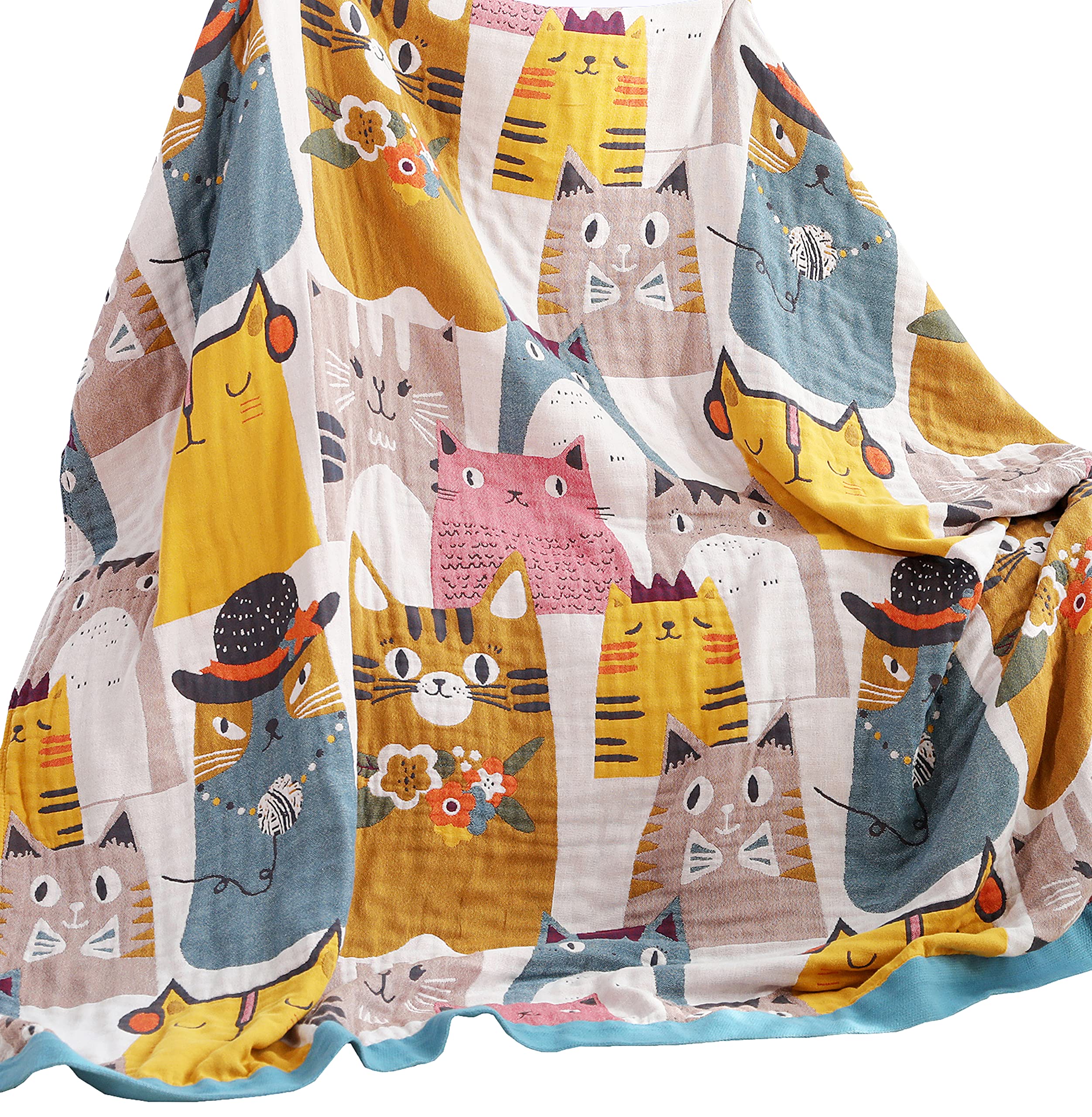 Meju Cat Kitty Kids Girls Cute Blanket Throw For Bed Sofa Couch,100% Combed Cotton 4 Layer Soft Warm Quilt Throw Blanket Cartoon