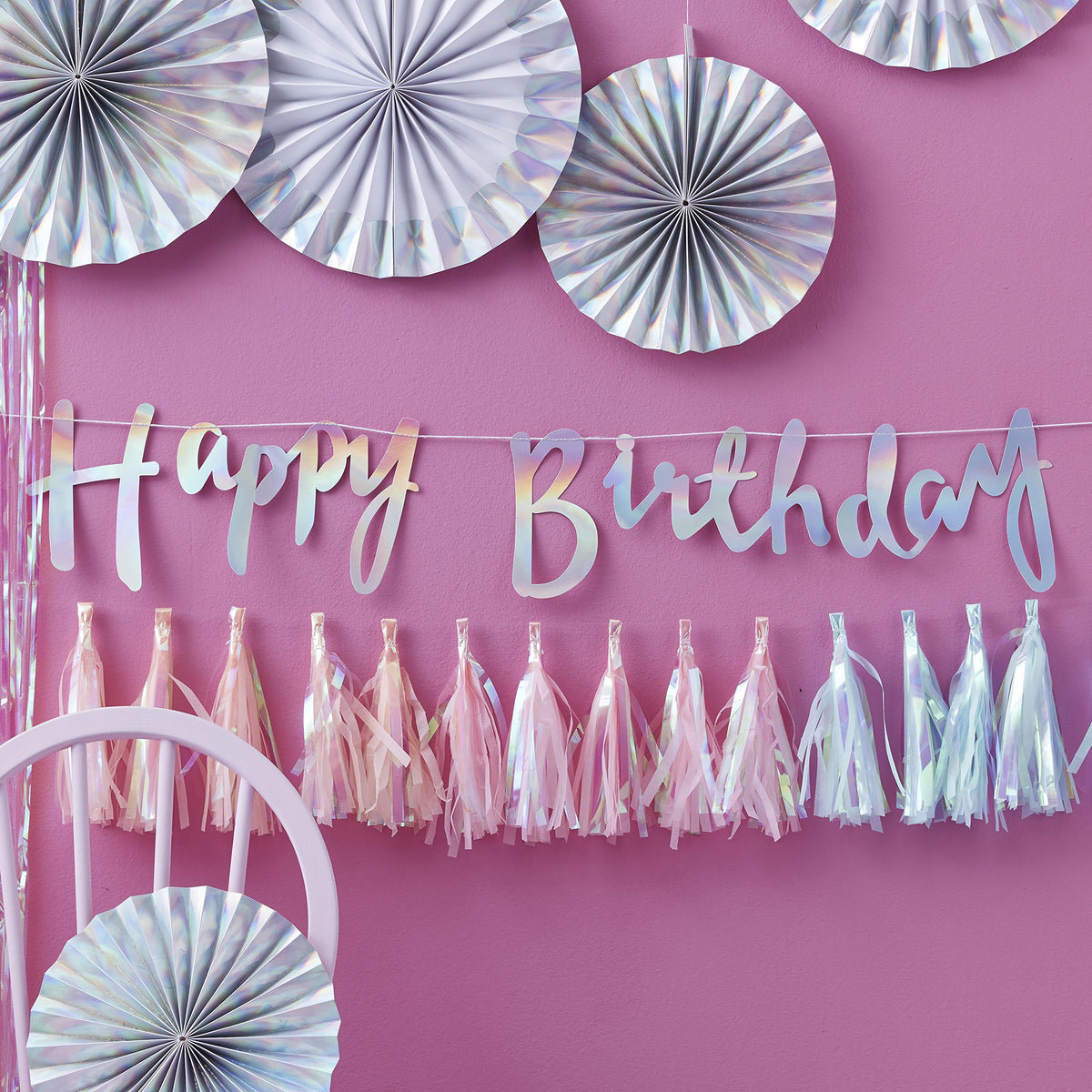 Ginger Ray Iridescent Holographic Rainbow Designer Happy Birthday Bunting Banner Decoration  Iridescent Party