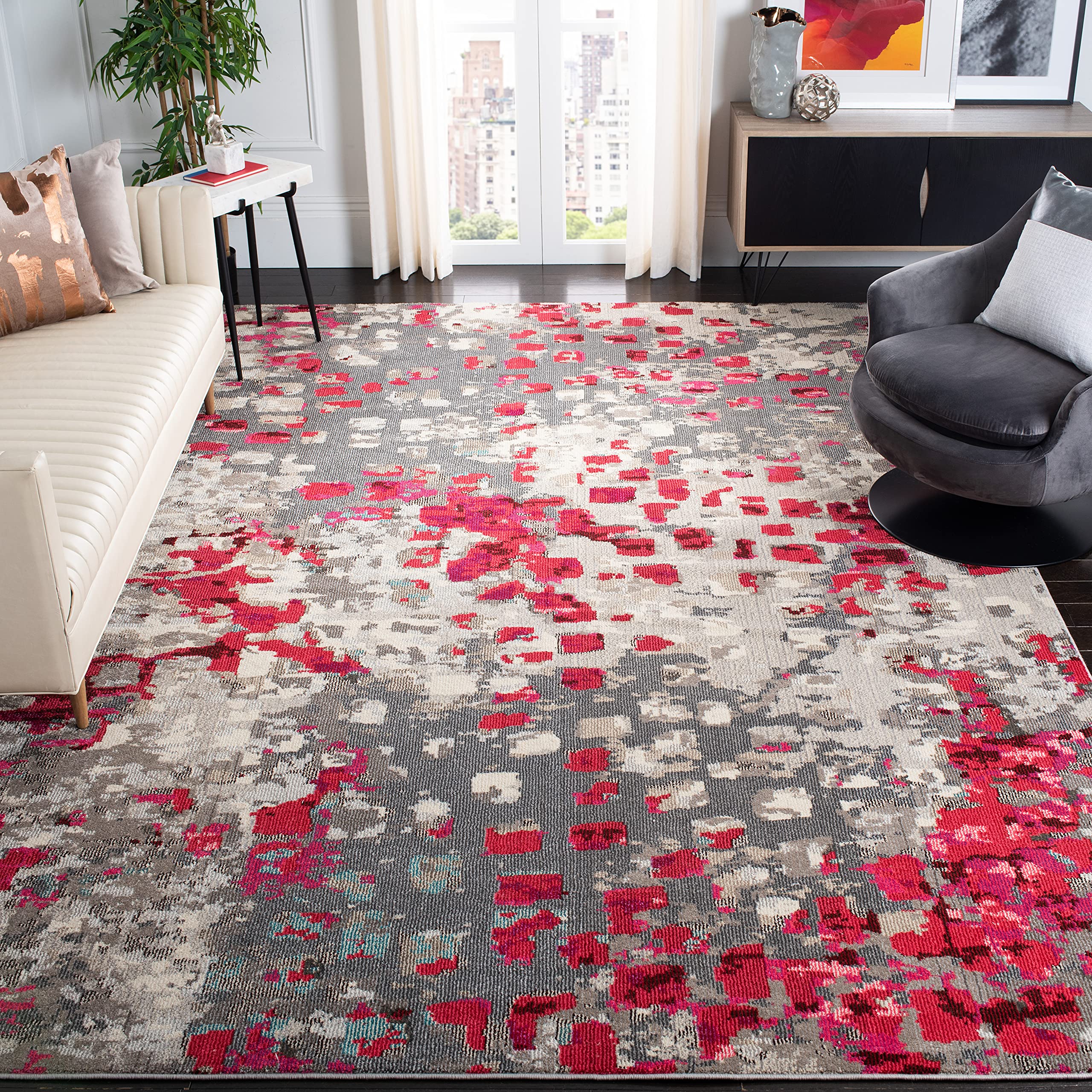 SAFAVIEH Monaco Collection Area Rug - 8 x 11, Grey & Fuchsia, Boho Chic Abstract Watercolor Design, Non-Shedding & Easy Care, 
