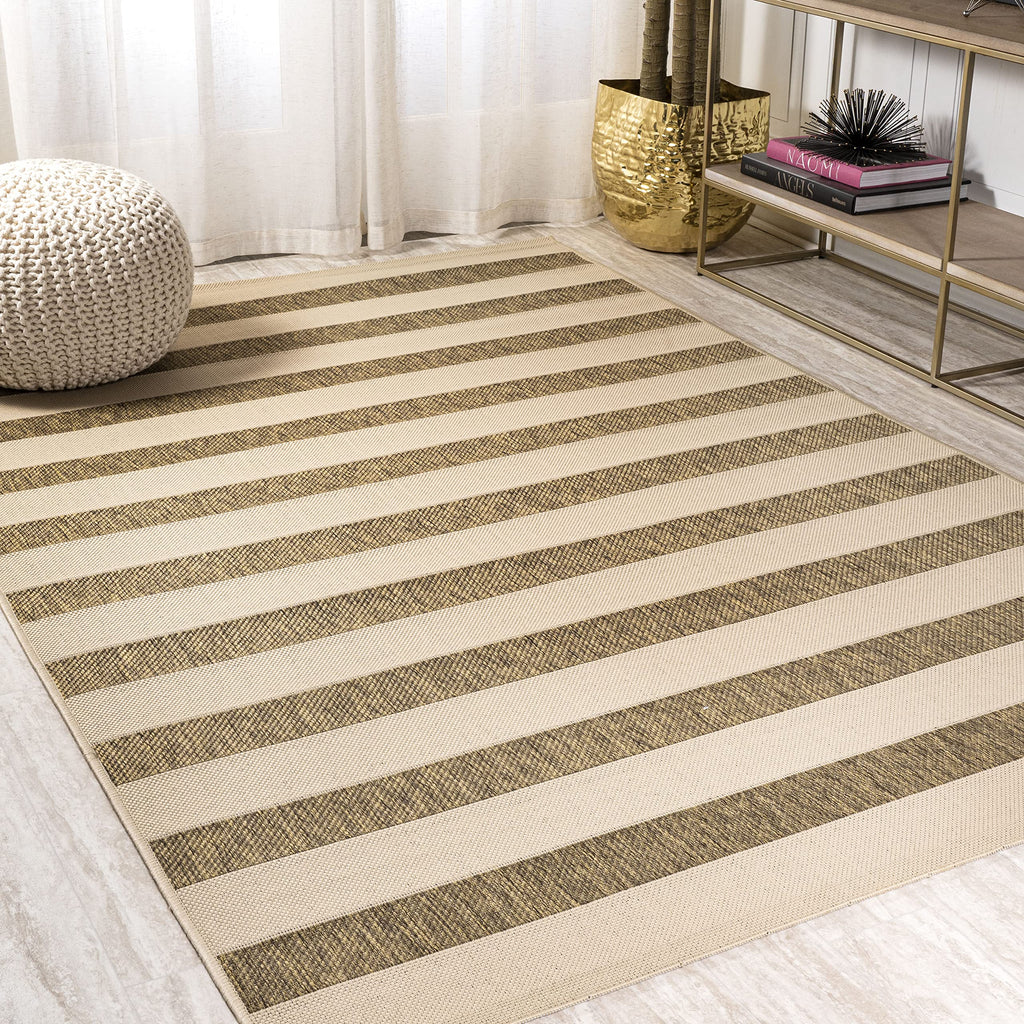 Jonathan Y Smb112A-4 Aveiro Wide Stripe Indoor Outdoor Area Rug, Bohemian, Coastal, Mediterranean Easy Cleaning,Bedroom,Kitchen,Backyard,Patio,Non Shedding, Beige/Brown, 4 X 6