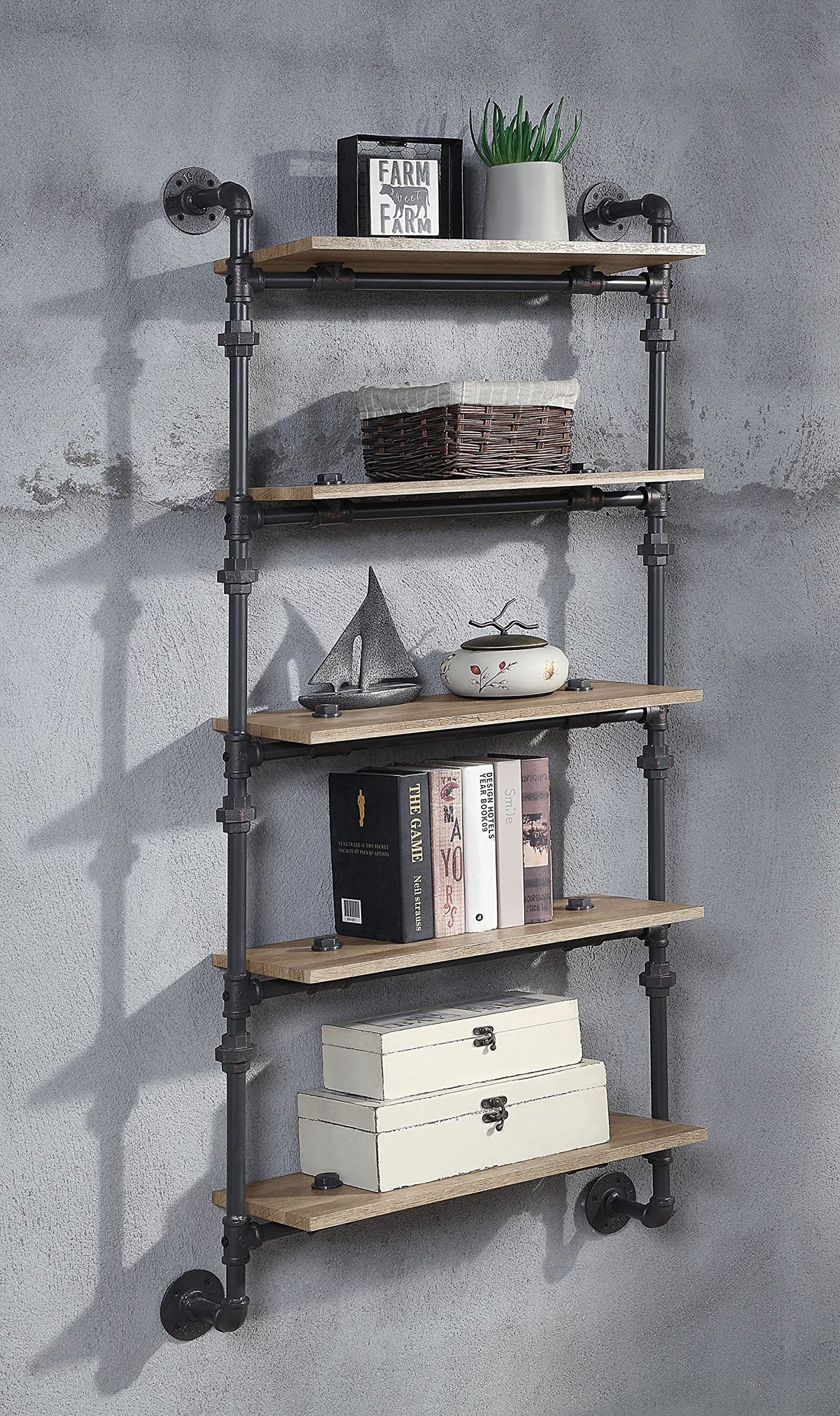 Acme Brantley Wall Rack with 5 Wooden Shelves in Oak and Sandy Black