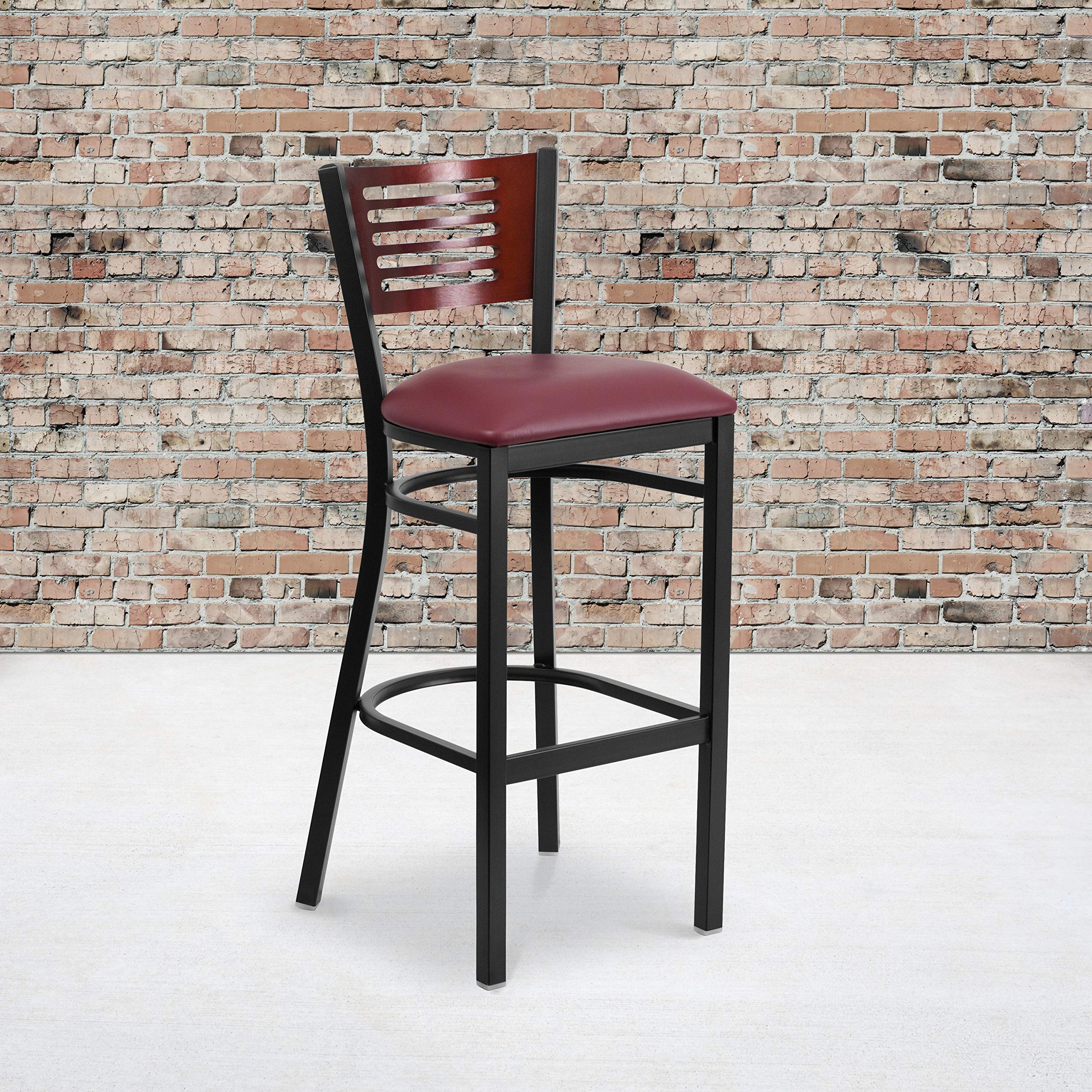 Flash Furniture Hercules Series Black Slat Back Metal Restaurant Barstool - Mahogany Wood Back, Burgundy Vinyl Seat