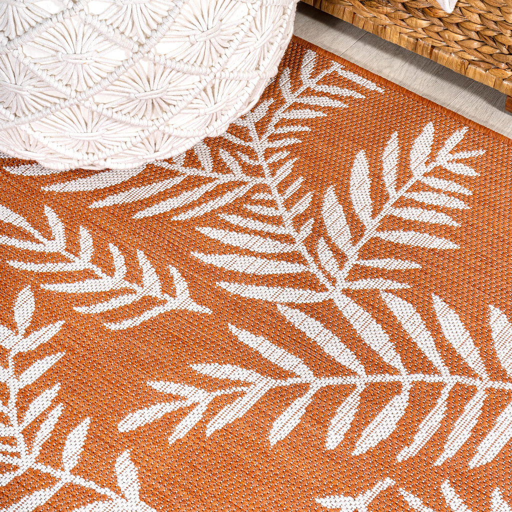 Jonathan Y Smb119E-5Sq Nevis Palm Frond Indoor Outdoor Area Rug, Coastal Casual Country & Floral Easy Cleaning,Bedroom,Kitchen,Backyard,Patio,Non Shedding, Orange/Cream, 5' Square
