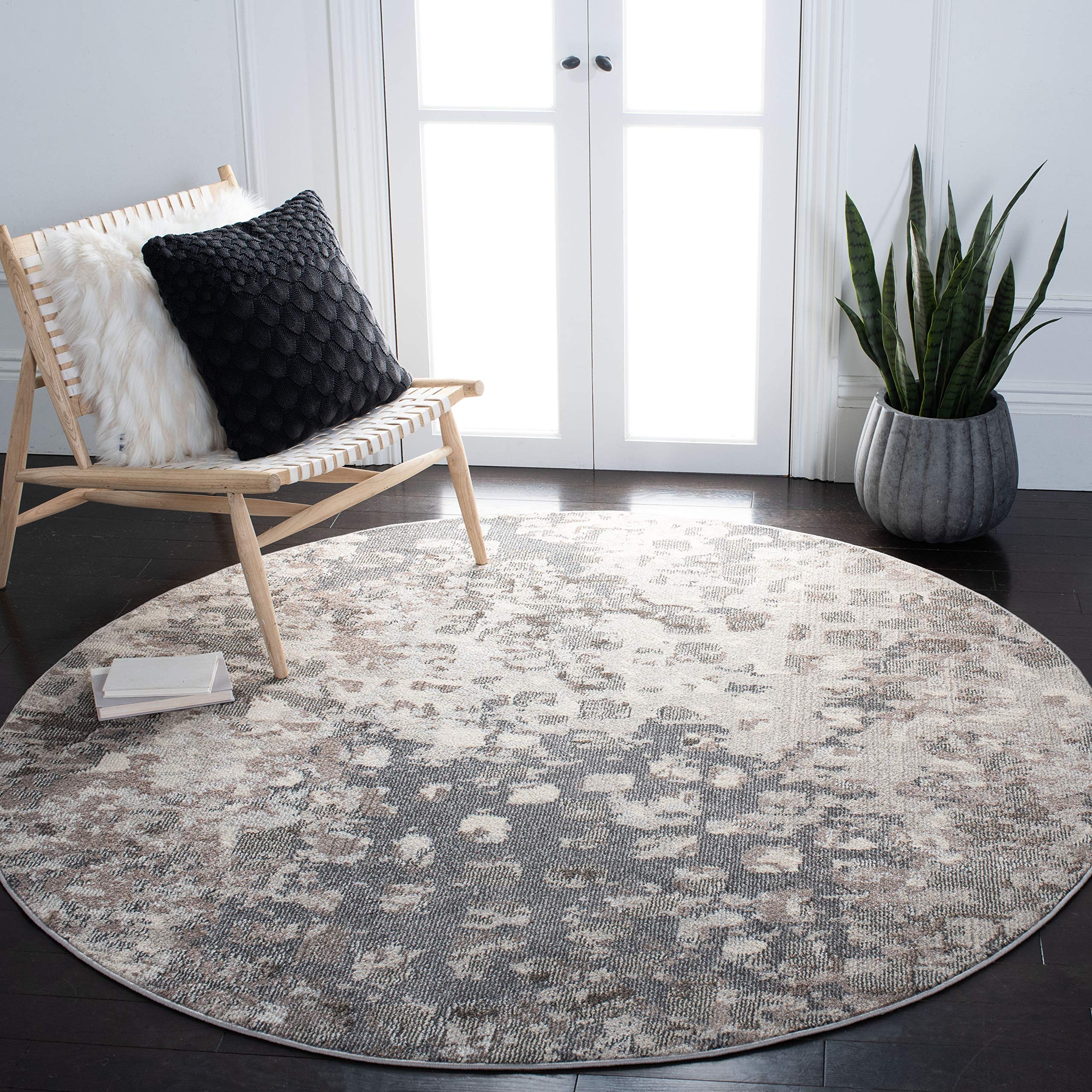 SAFAVIEH Madison Collection 6'7'' Round Grey/Beige MAD425G Boho Abstract Distressed Non-Shedding Dining Room Entryway Foyer Livi