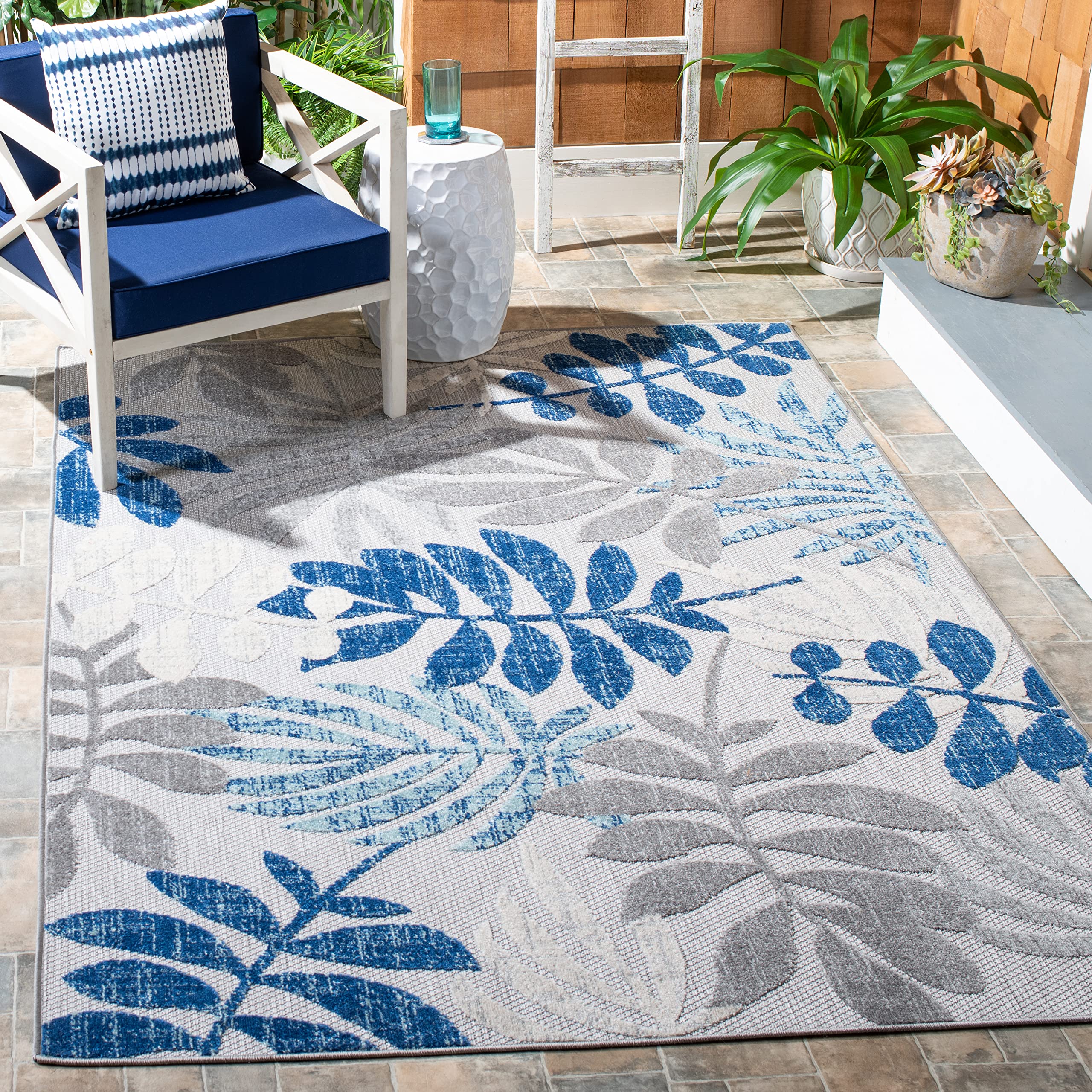 Safavieh Cabana Collection 5'3' X 7'6' Grey/Blue Cbn814F Botanical Indoor/ Outdoor Non-Shedding Easy Cleaning Patio Backyard Porch Deck Mudroom Area Rug