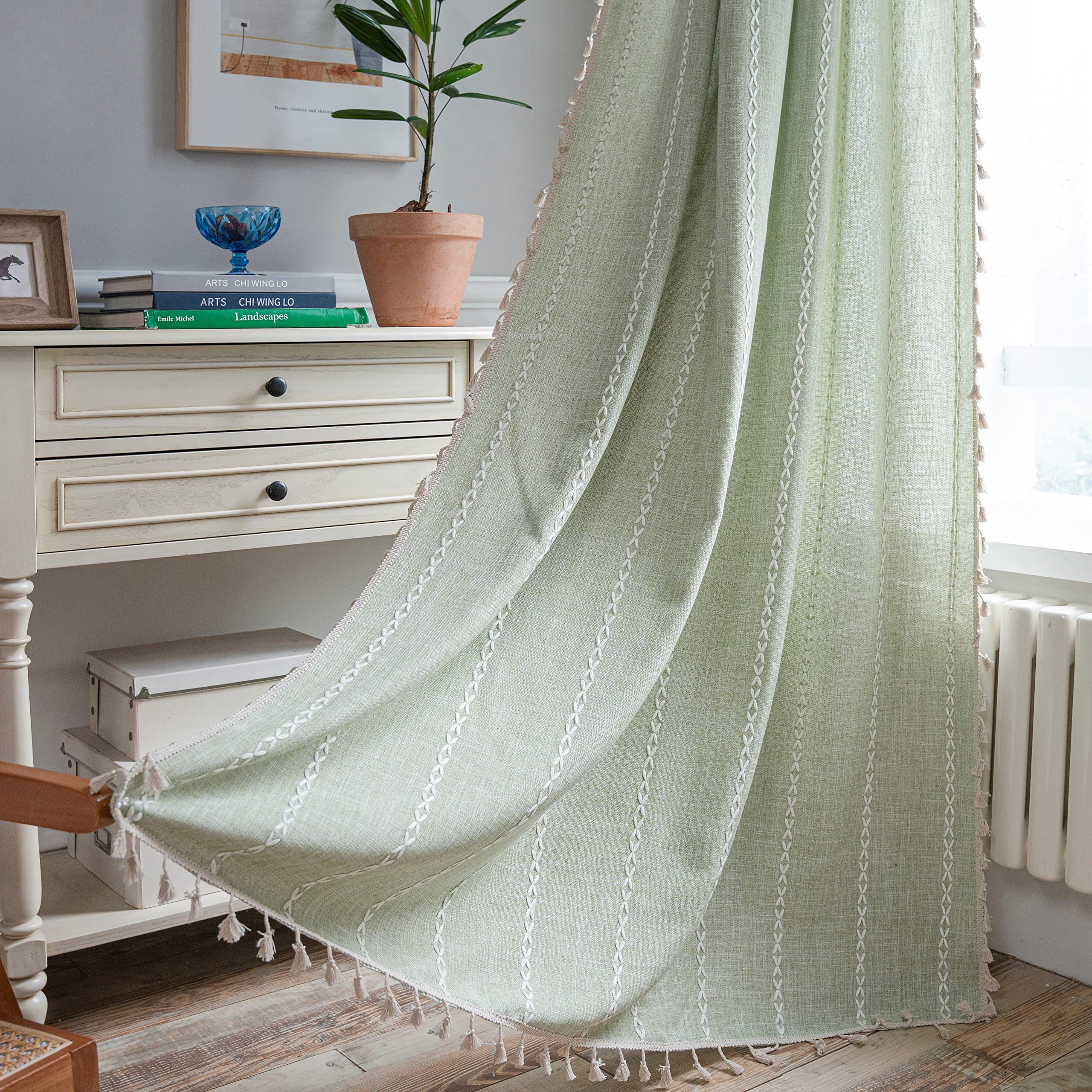 Sutuo Home Sage Green Boho Curtains 72 Inch Long For Bedroom Living Room, Semi Blackout Chic Farmhouse Vintage Tassels Window Tr