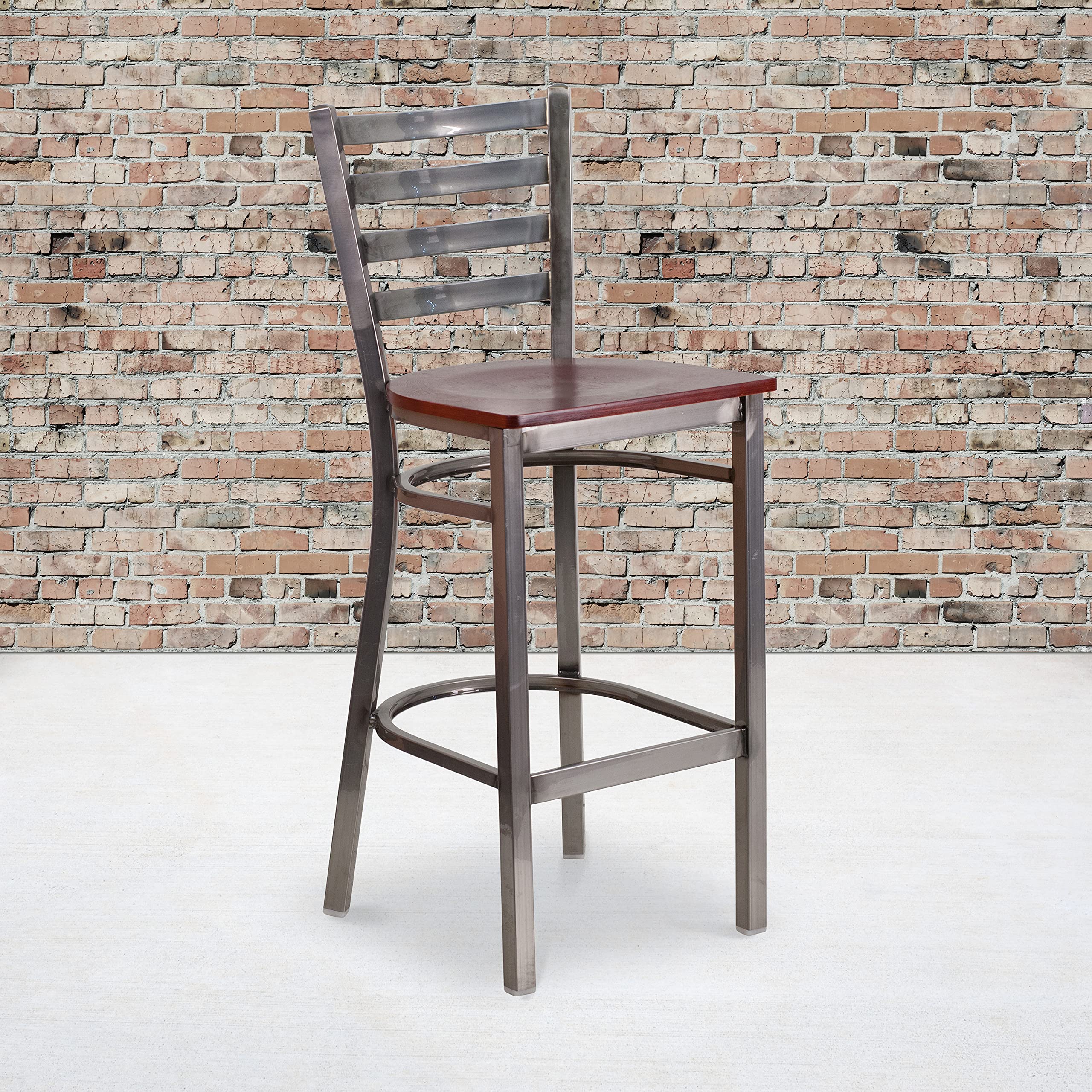 Flash Furniture Hercules Series Clear Coated Ladder Back Metal Restaurant Barstool - Mahogany Wood Seat