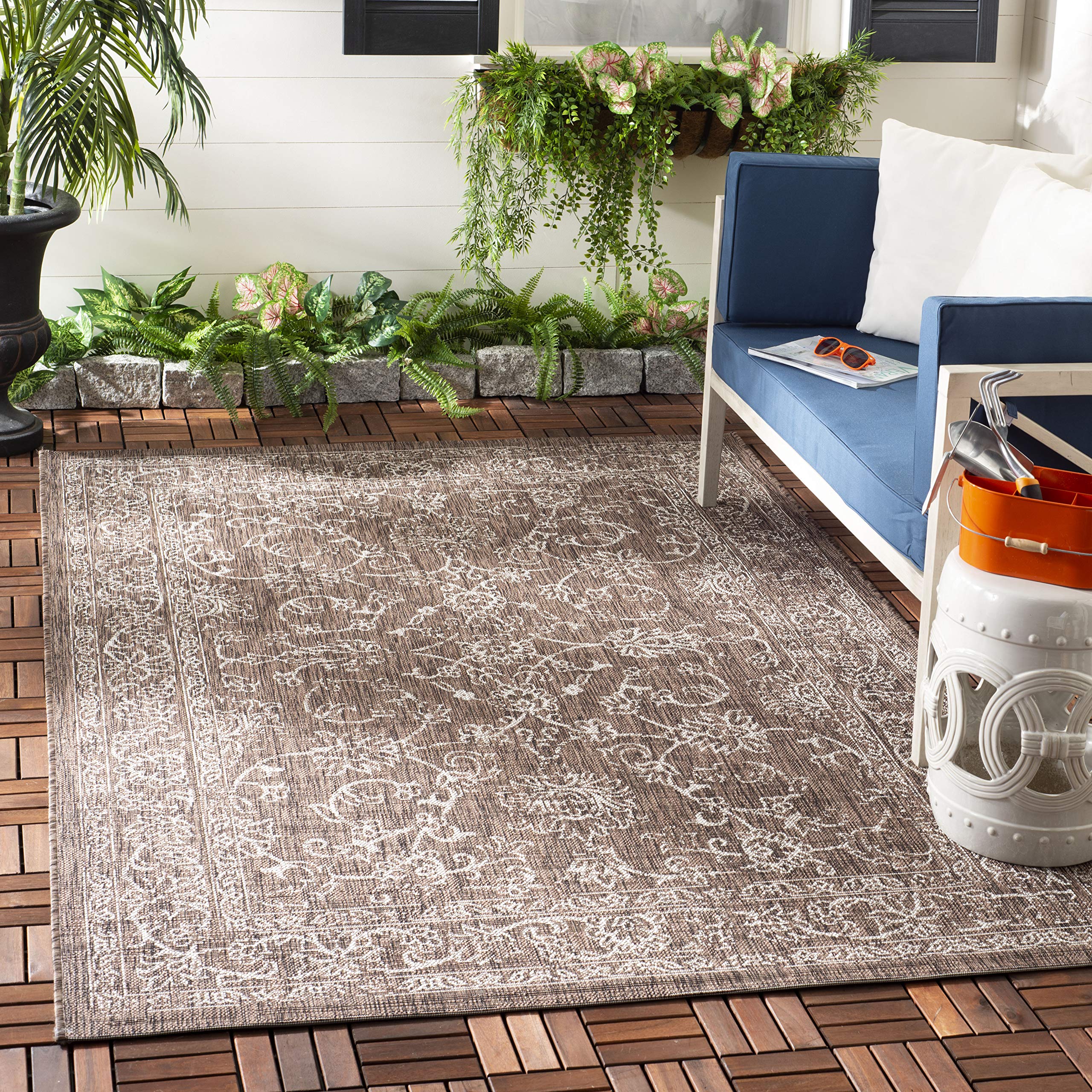 Safavieh Courtyard Collection 4' Square Brown/Ivory Cy8680 Indoor/ Outdoor -Waterproof Easy -Cleaning Patio Backyard Mudroom Are