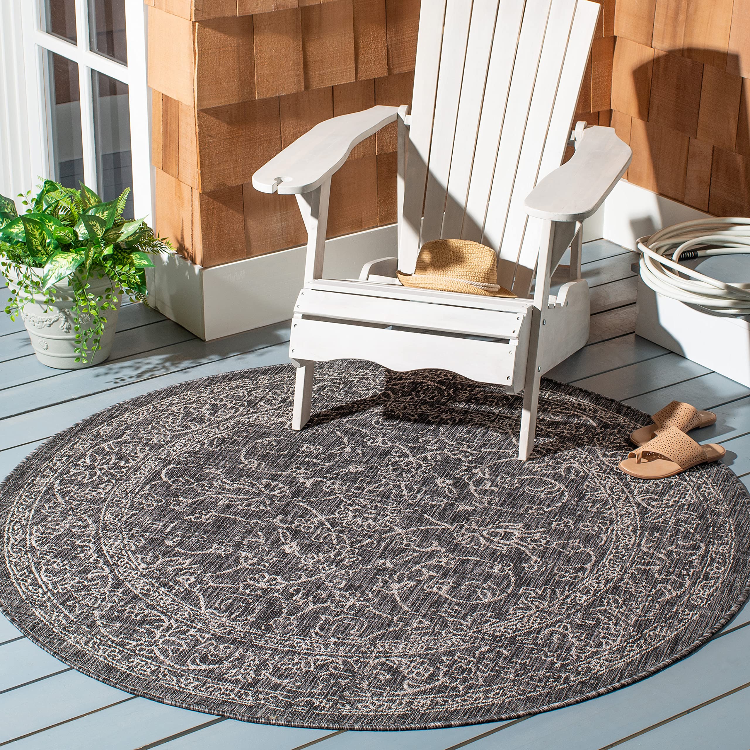 Safavieh Courtyard Collection Area Rug - 5'3' Round, Black & Ivory, Non-Shedding & Easy Care, Indoor/Outdoor & Washable-Ideal F