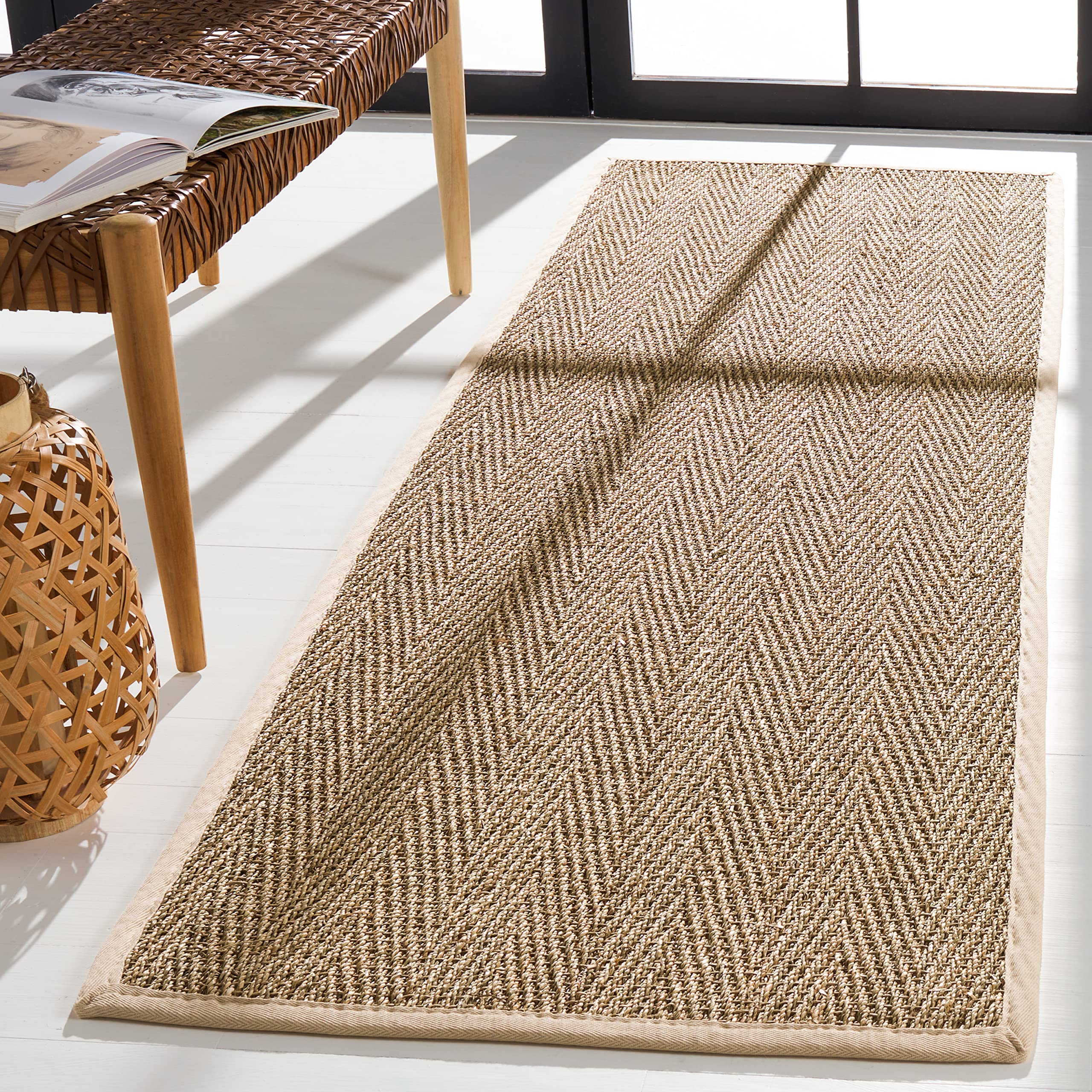Safavieh Natural Fiber Collection Runner Rug - 26 x 6, Natural & Ivory, Border Herringbone Seagrass Design, Easy Care, Ideal f