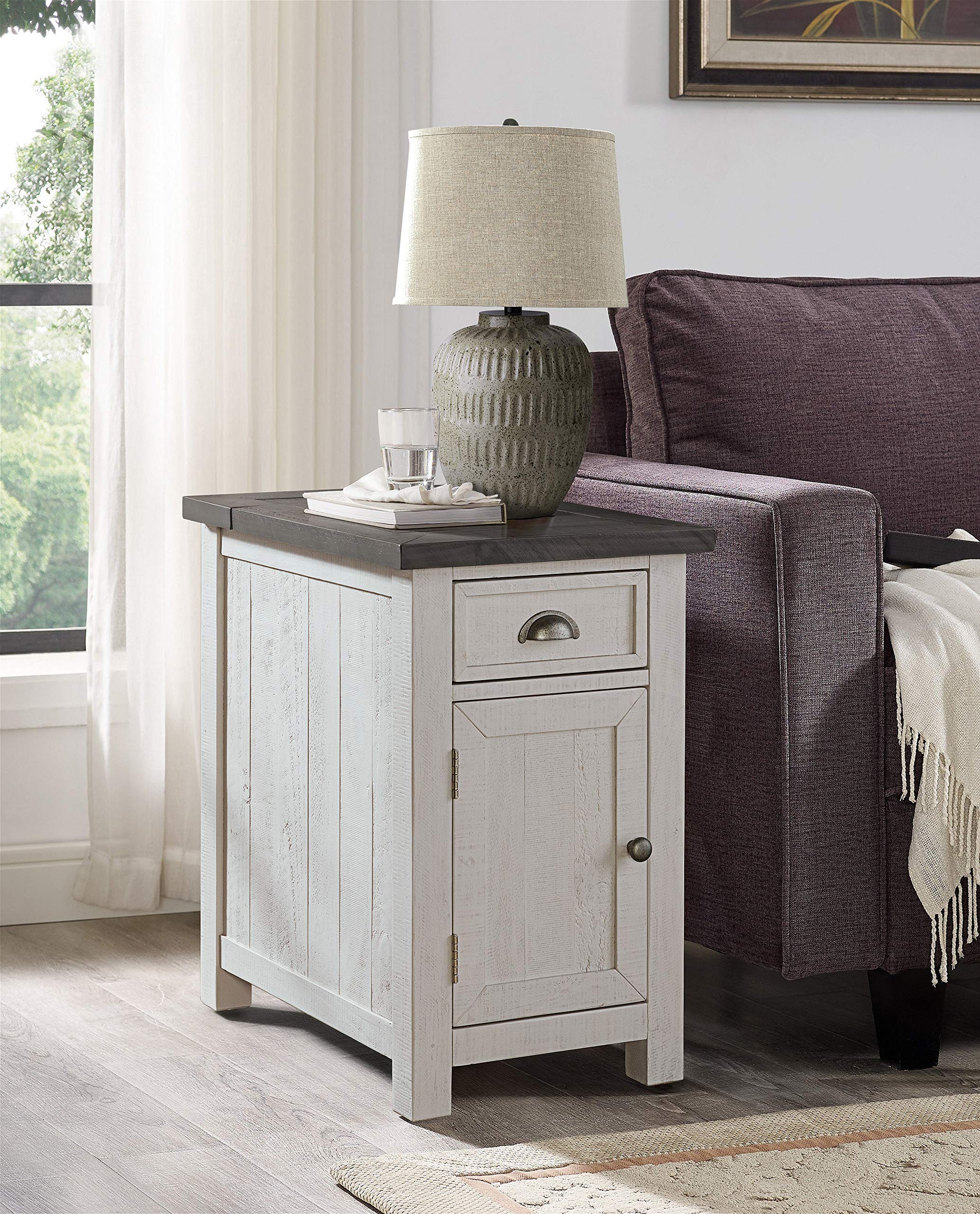 Martin Svensson Home Monterey Chairside Table - White With Grey Top - Coastal Multi-Use Table With Built-In Outlets And Drawers For Bedroom Or Living Room