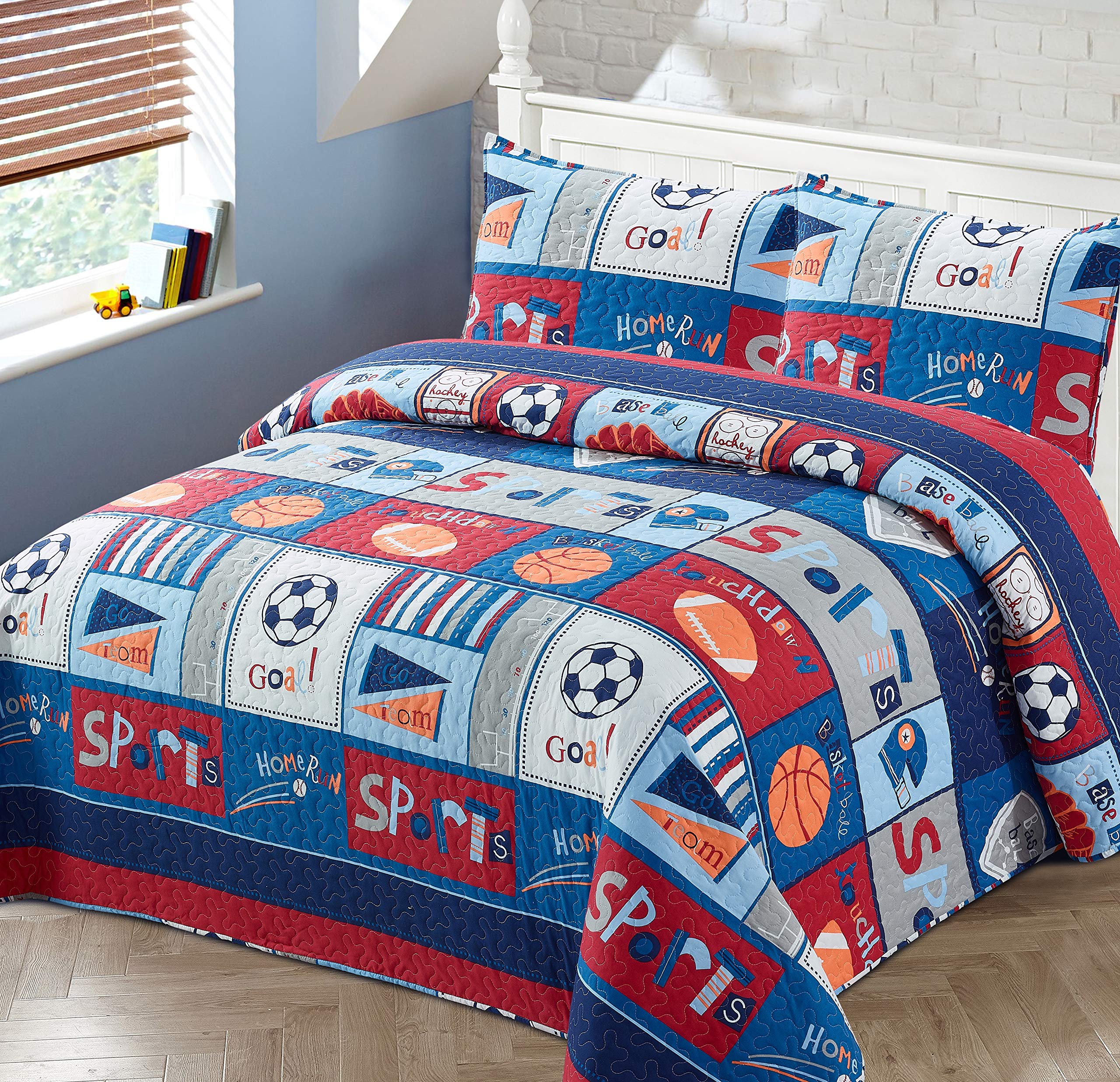 Bedspread Set Sports For Boys/Kids Baseball Basketball Soccer Ball Football Hockey Home-Run Touchdown Red Blue Coverlet Quilt Ne
