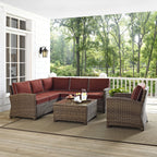 Crosley Furniture Bradenton 5-Piece Outdoor Sectional Sofa Wicker Conversation Patio Furniture Set for Deck, Brown with Sangria Cushions