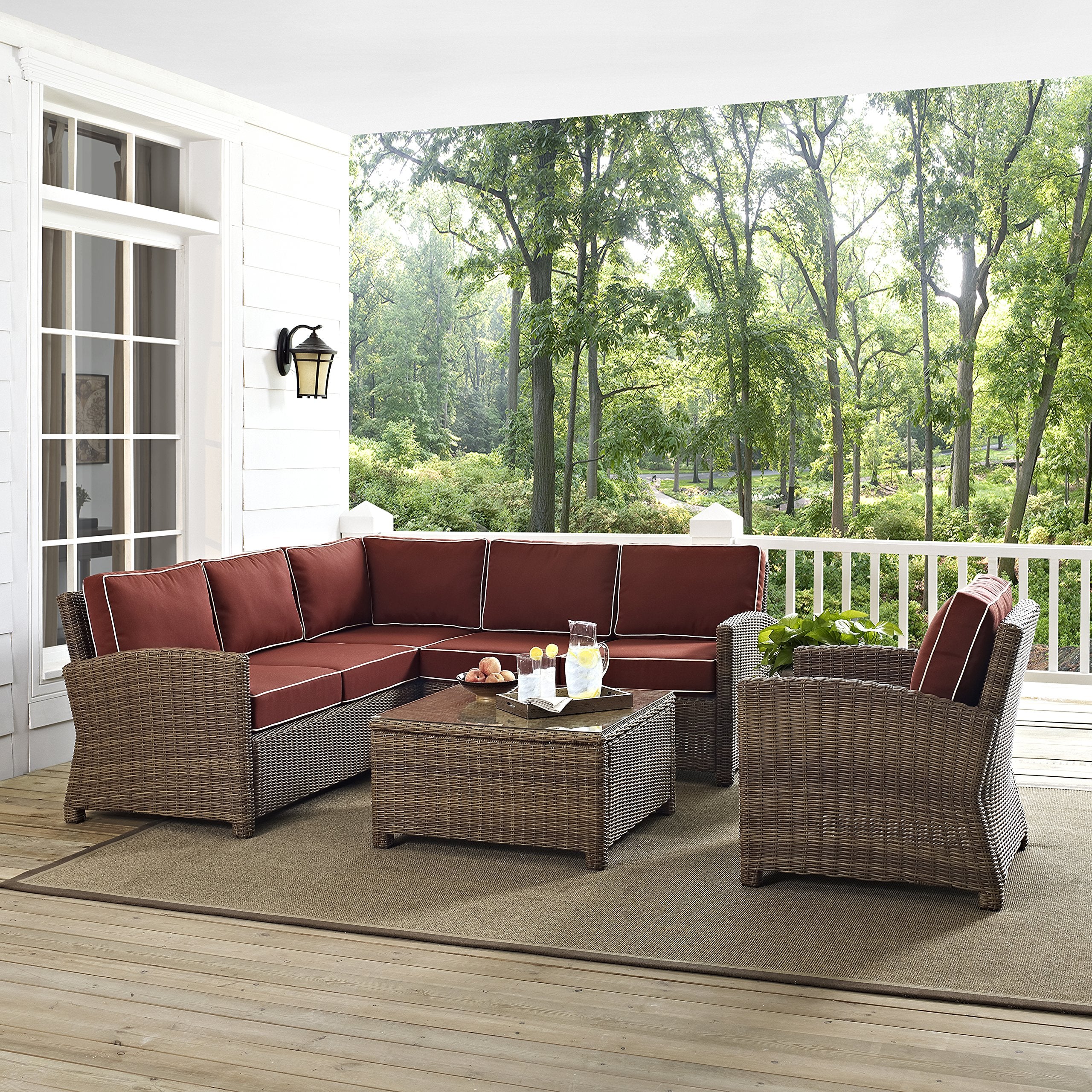 Crosley Furniture Bradenton 5-Piece Outdoor Sectional Sofa Wicker Conversation Patio Furniture Set for Deck, Brown with Sangria Cushions