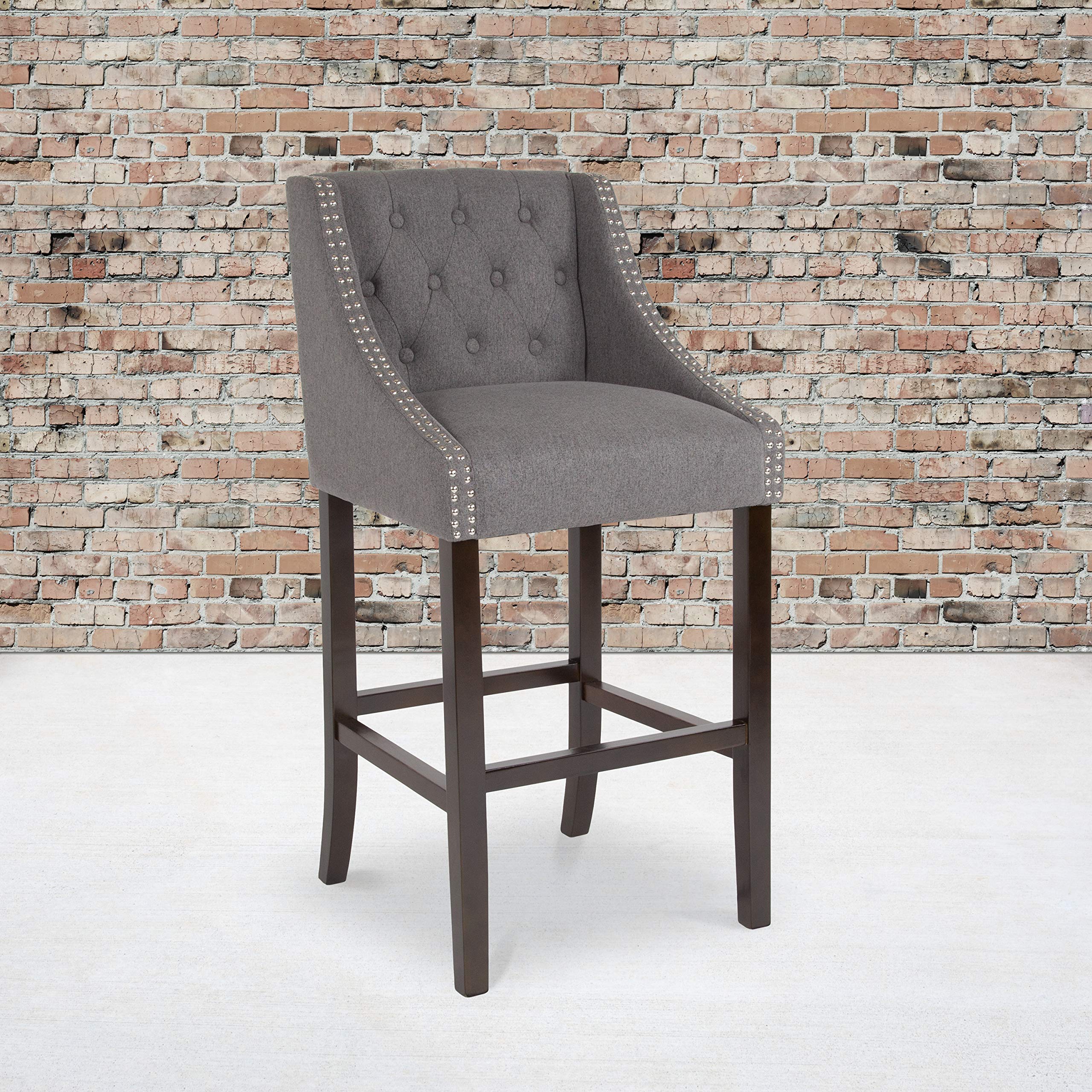 Flash Furniture Carmel Series 30 High Transitional Tufted Walnut Barstool with Accent Nail Trim in Dark Gray Fabric