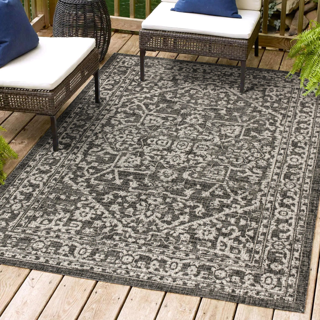 Jonathan Y Smb104C-8 Malta Bohemian Medallion Textured Weave Indoor Outdoor Area -Rug, Coastal, Traditional, Transitional Easy -Cleaning,Bedroom,Kitchen,Backyard,Patio,Non Shedding, Black/Gray, 8 X 10