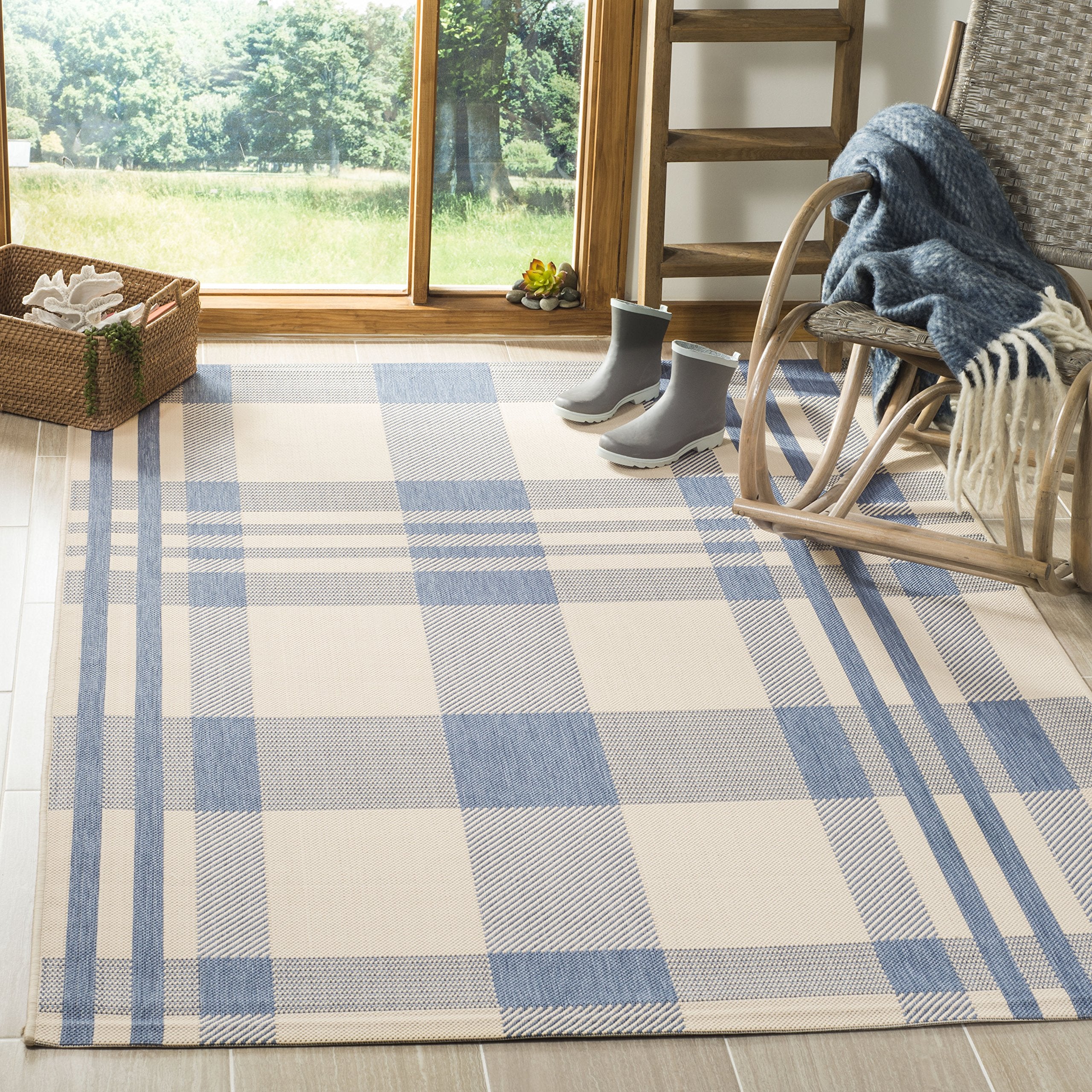 SAFAVIEH Courtyard Collection Area Rug - 9 x 12, Beige & Blue, Plaid Design, Non-Shedding & Easy Care, Indoor/Outdoor & Washab