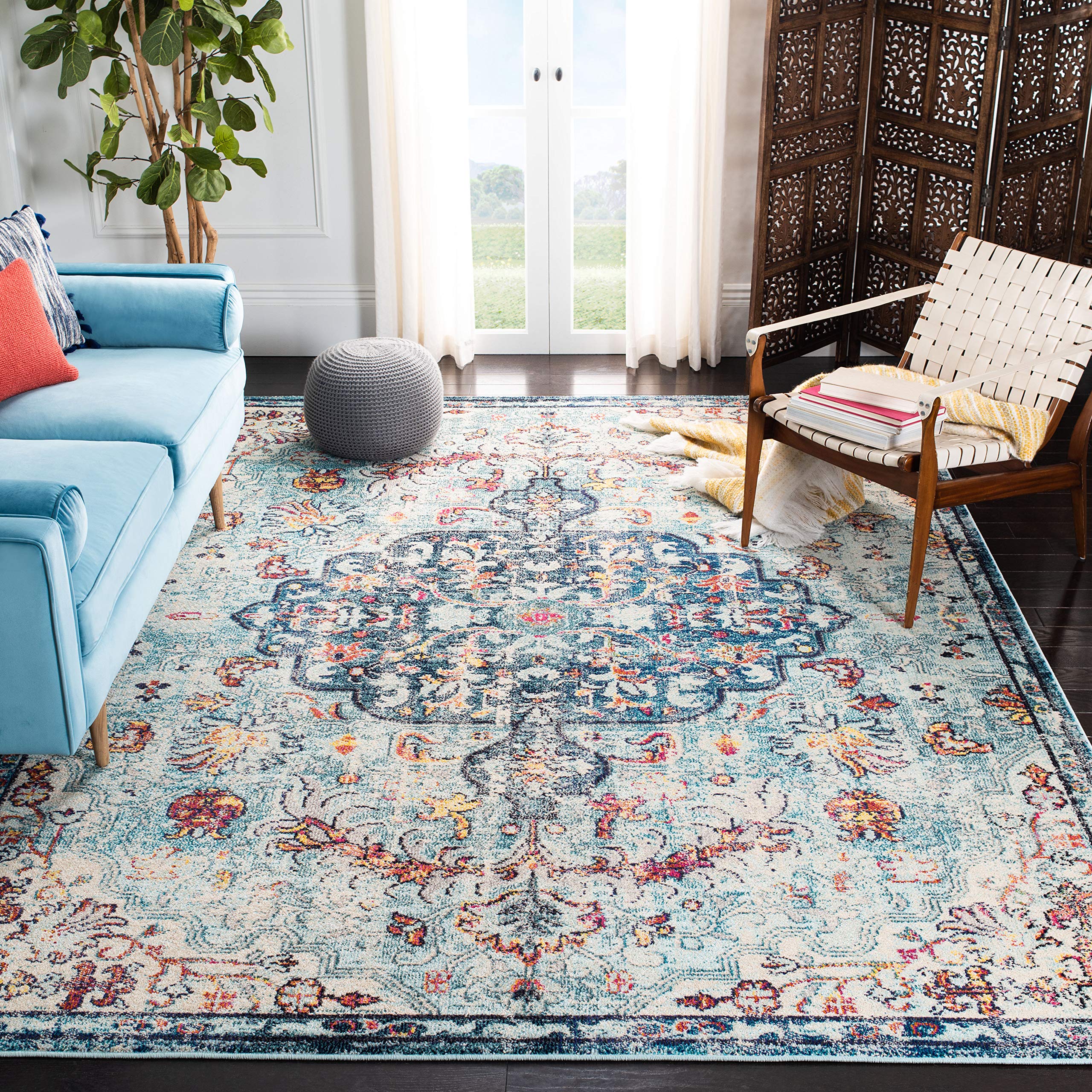 SAFAVIEH Madison Collection Accent Rug - 3 x 5, Navy & Light Blue, Medallion Distressed Design, Non-Shedding & Easy Care, Idea