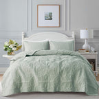 B2Ever Damask Quilt Queen Size Bedding Sets With Pillow Shams, Boho Lightweight Soft Bedspread Coverlet, Sage Green Quilted Blan