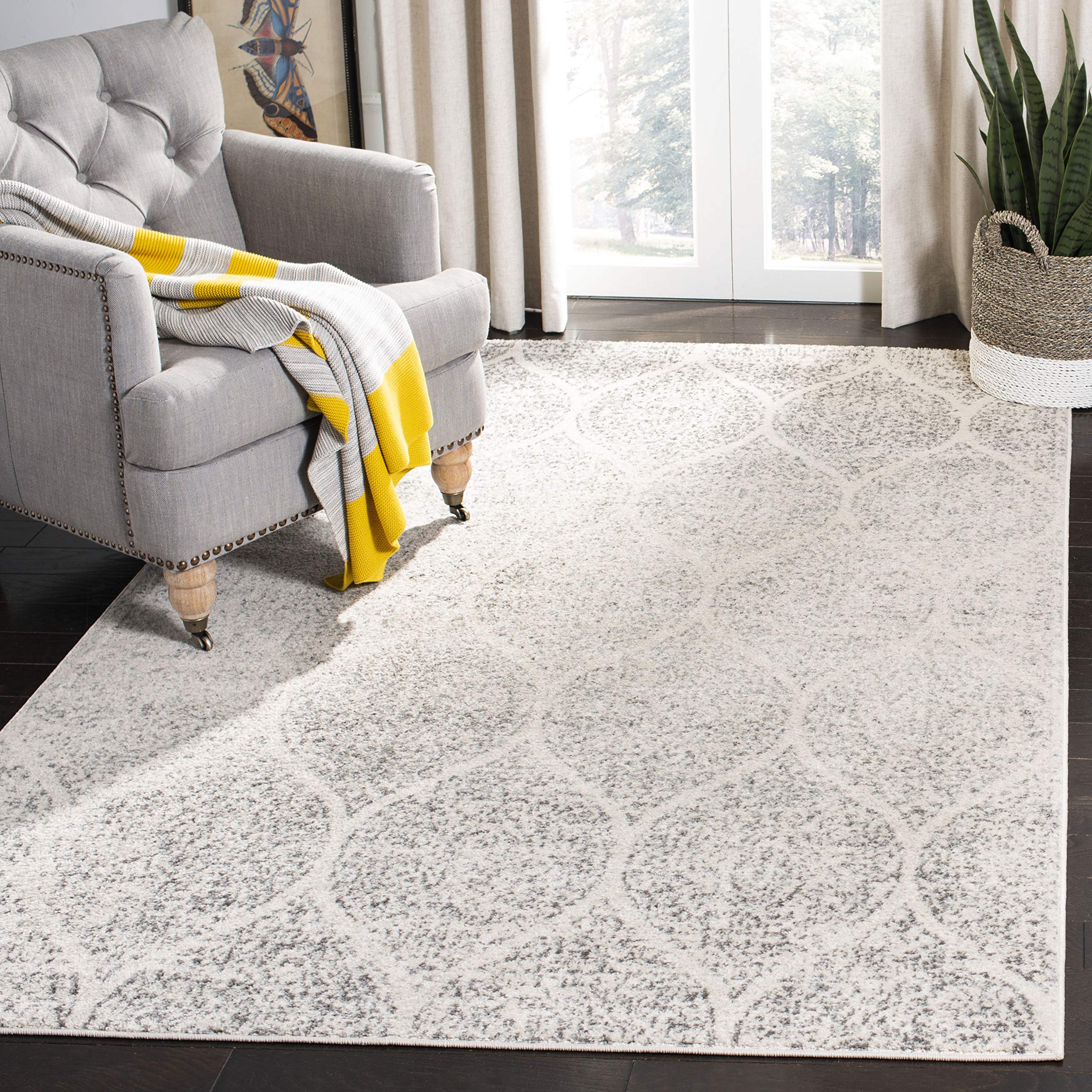 SAFAVIEH Madison Collection Area Rug - 67 x 92, Ivory & Silver, Glam Ogee Trellis Distressed Design, Non-Shedding & Easy Care,