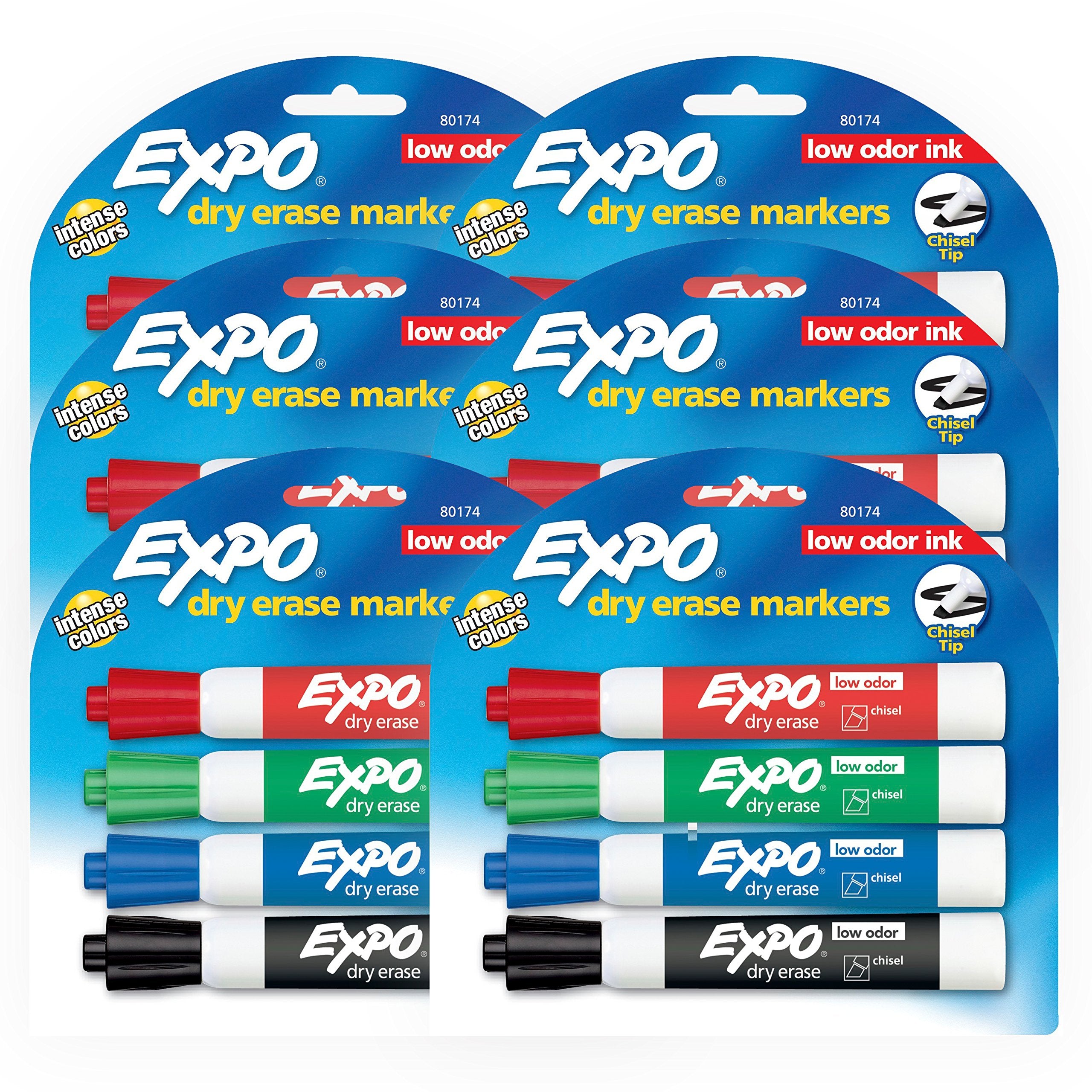 Expo Low Odor Dry Erase Markers, Chisel Tip, Assorted Colors, 6 Packs Of 4 (24 Count)