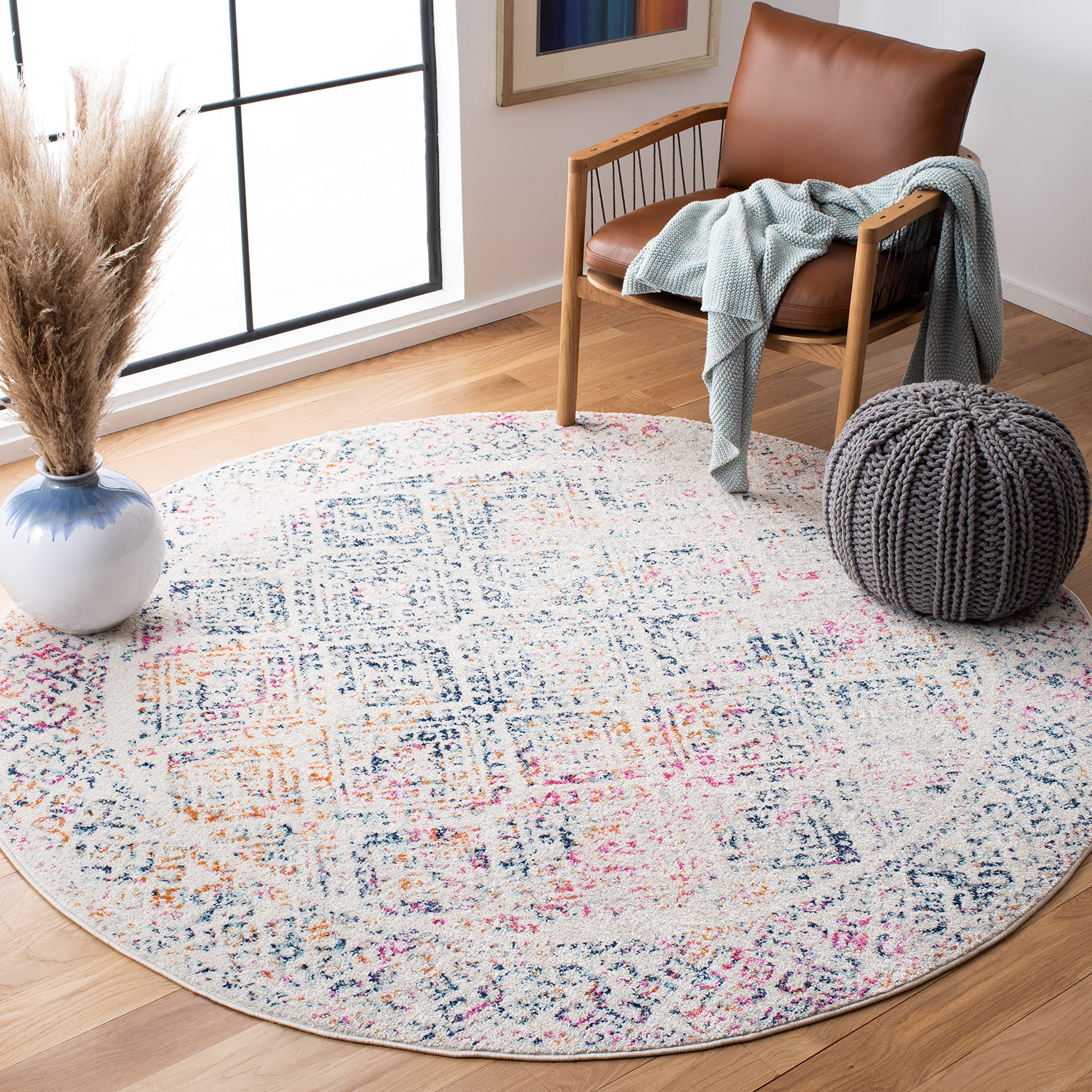 SAFAVIEH Tulum Collection Round Ivory / Dark Blue TUL264D Moroccan Boho Distressed Non-Shedding Dining Room Entryway Foyer Livin