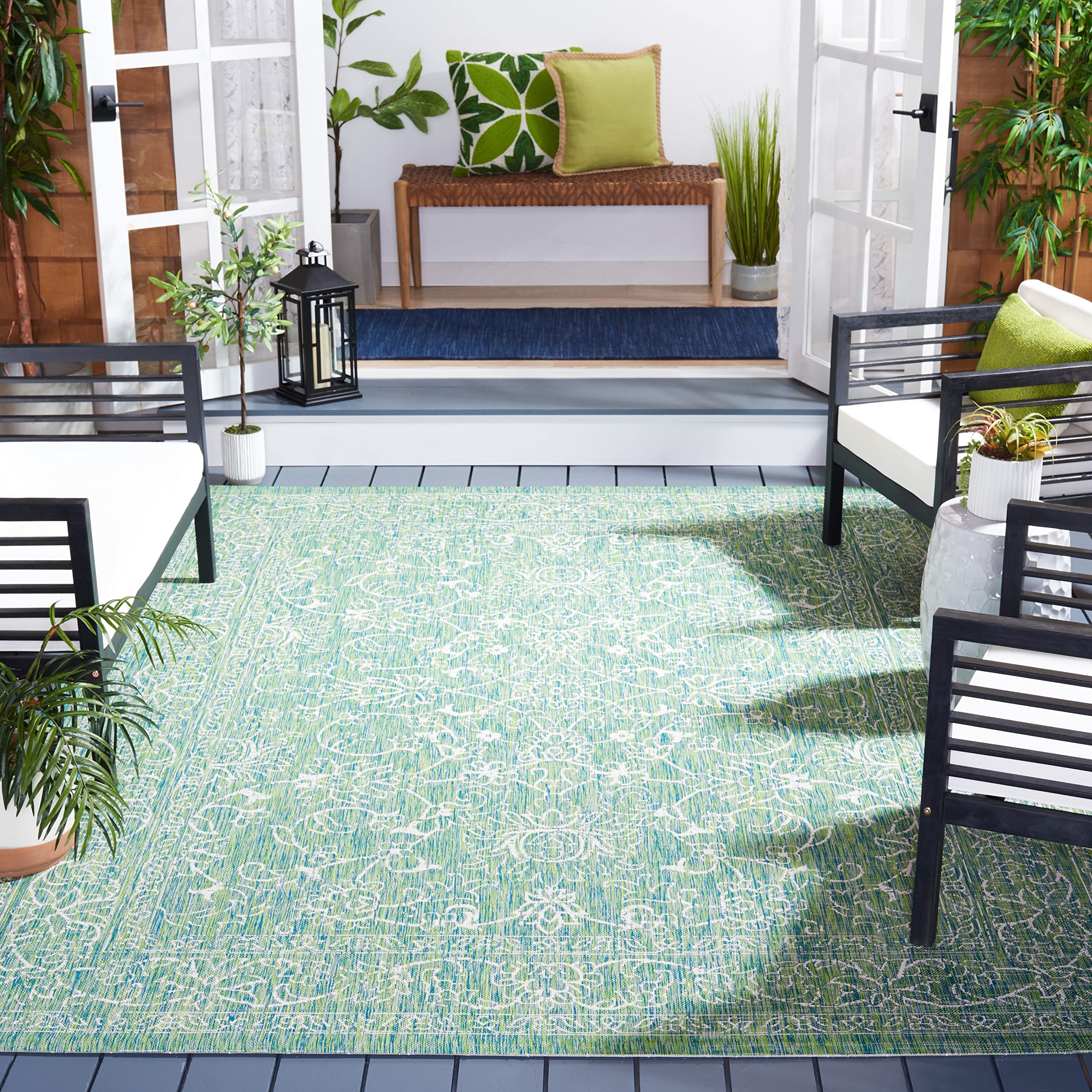 SAFAVIEH Courtyard Collection Area Rug - 9 x 12, Green & Ivory, Non-Shedding & Easy Care, Indoor/Outdoor & Washable-Ideal for 