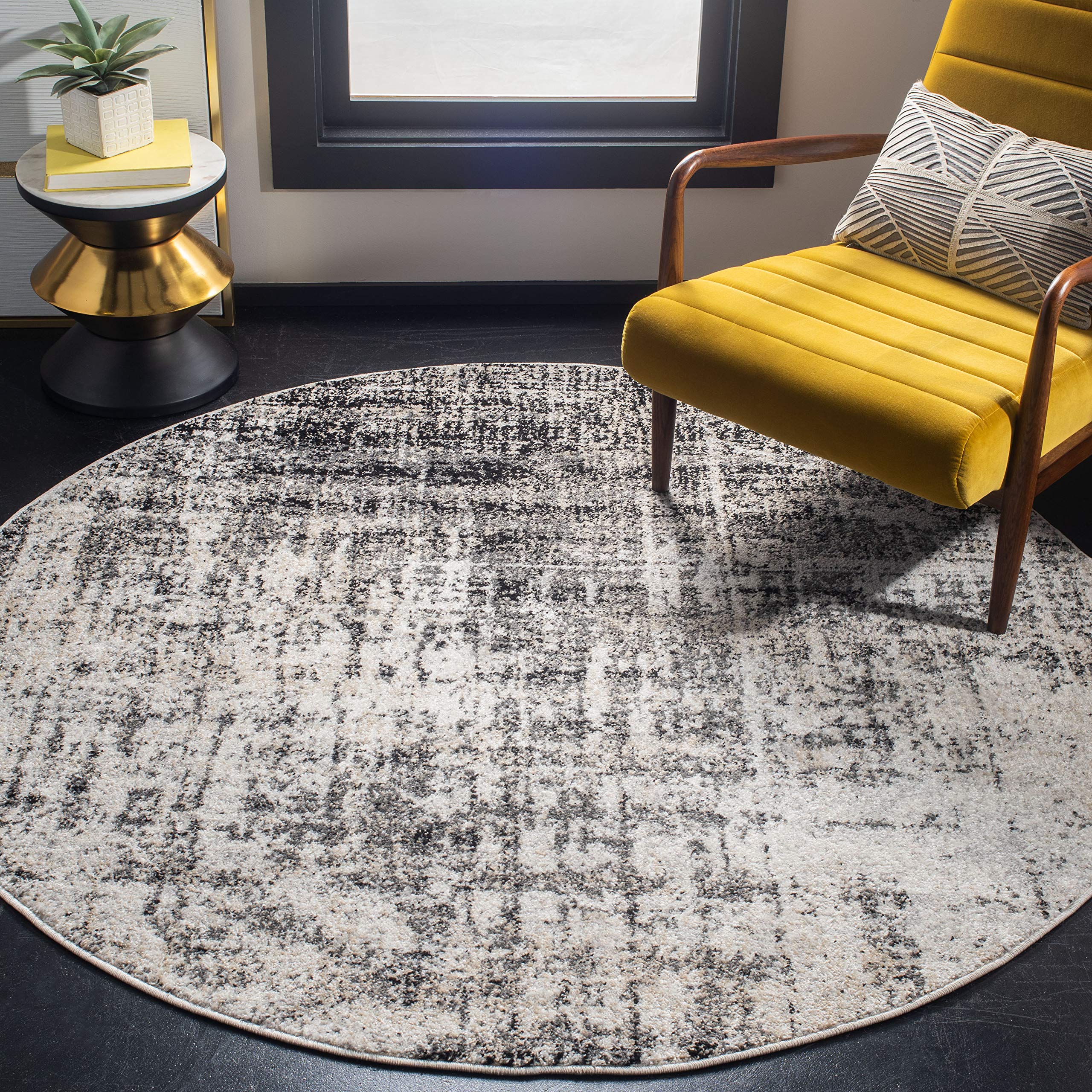 SAFAVIEH Adirondack Collection 4' Round Silver / Black ADR207D Modern Abstract Non-Shedding Dining Room Entryway Foyer Living Ro
