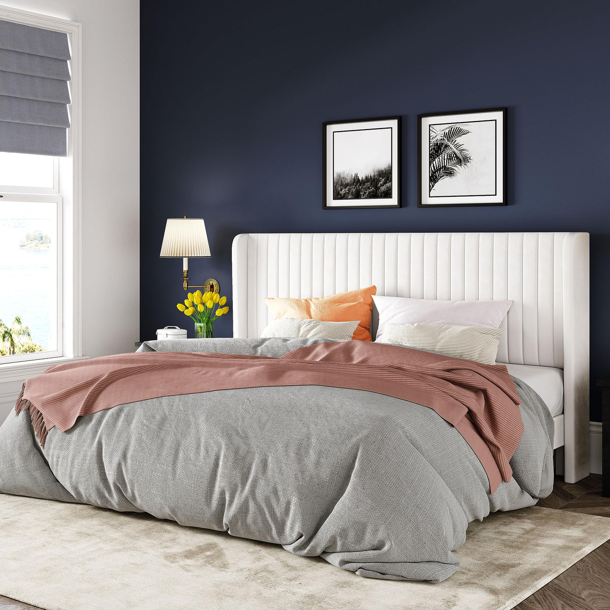 Allewie King Size Velvet Bed Frame/Vertical Channel Tufted Wingback Headboard/Upholstered Platform Bed/No Box Spring Needed/Strong Wooden Slats/Easy Assembly/White