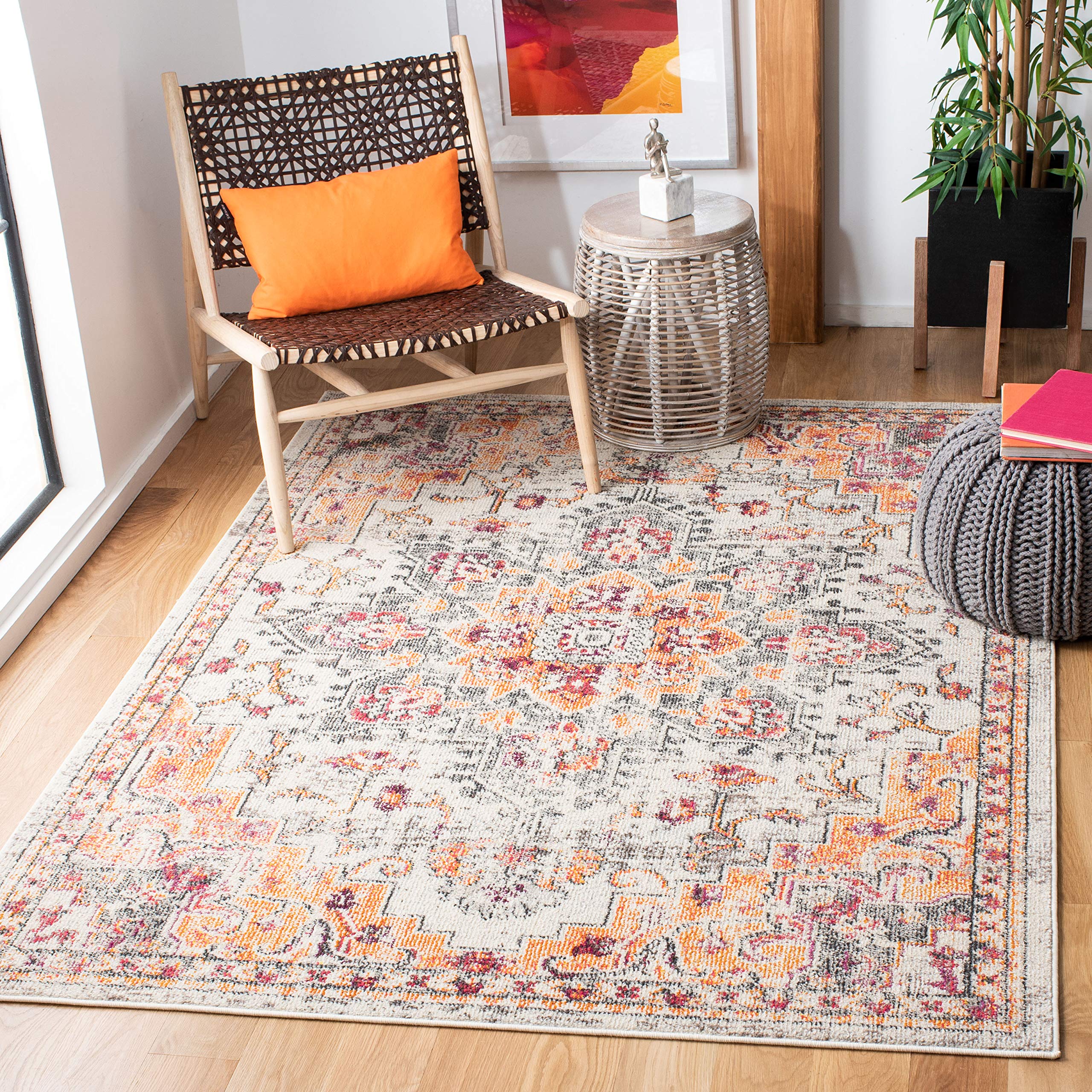 SAFAVIEH Madison Collection Area Rug - 53 x 76, Beige & Orange, Boho Chic Medallion Distressed Design, Non-Shedding & Easy Car