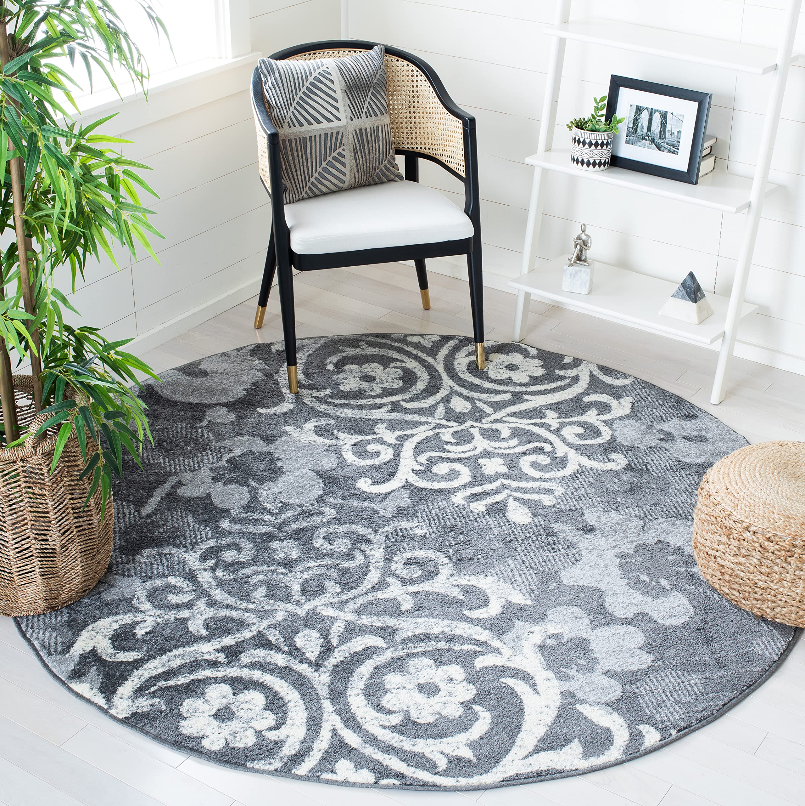 SAFAVIEH Adirondack Collection 67 Round Charcoal / Ivory ADR114H Floral Glam Damask Distressed Non-Shedding Dining Room Entrywa